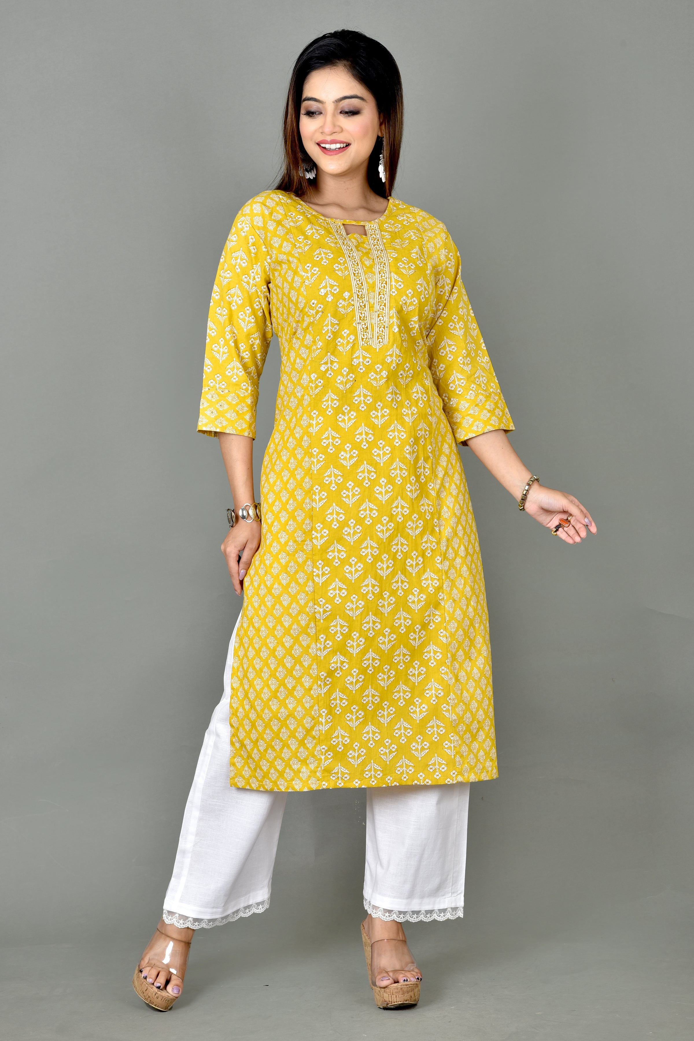 Yellow Mix & Match Floral Print Embroidered Straight Kurta