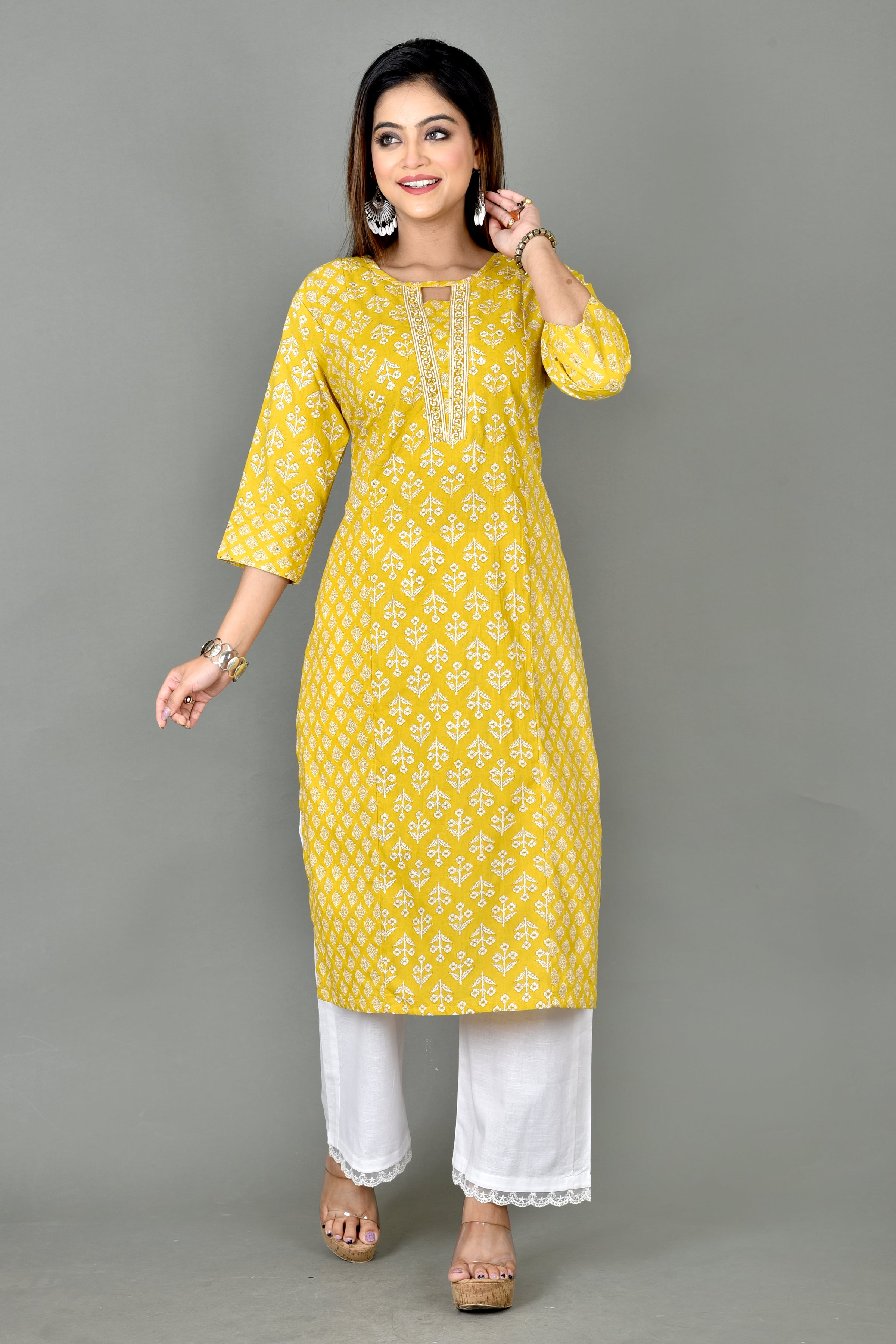 Yellow Mix & Match Floral Print Embroidered Straight Kurta