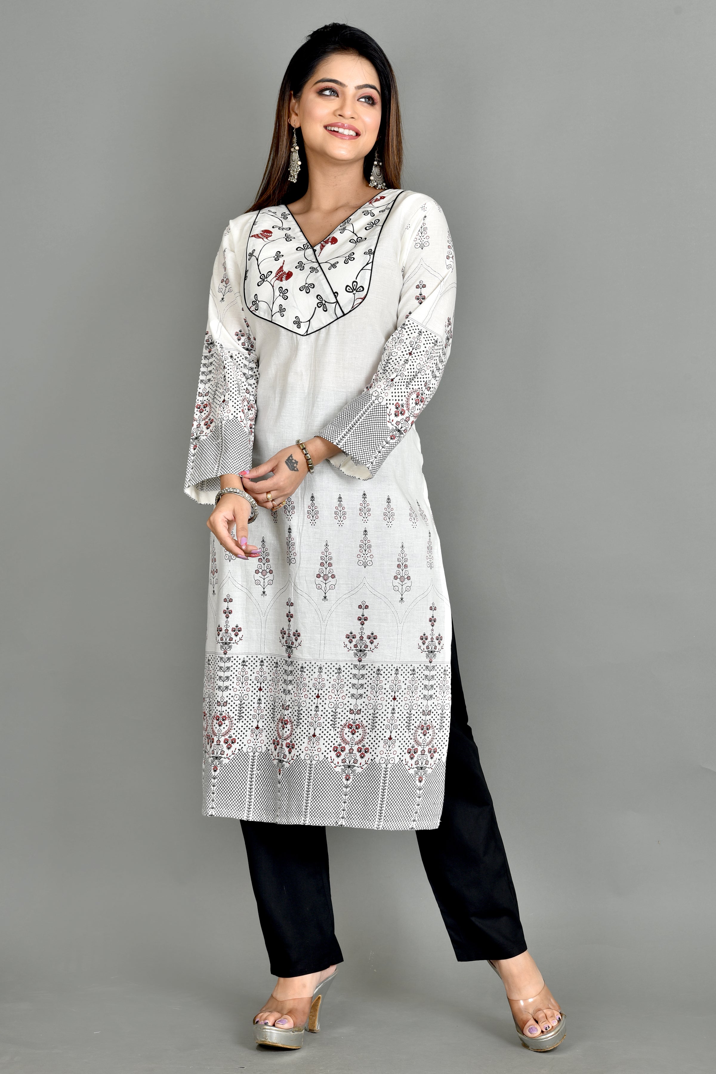 White Geometric Print Straight Kurta