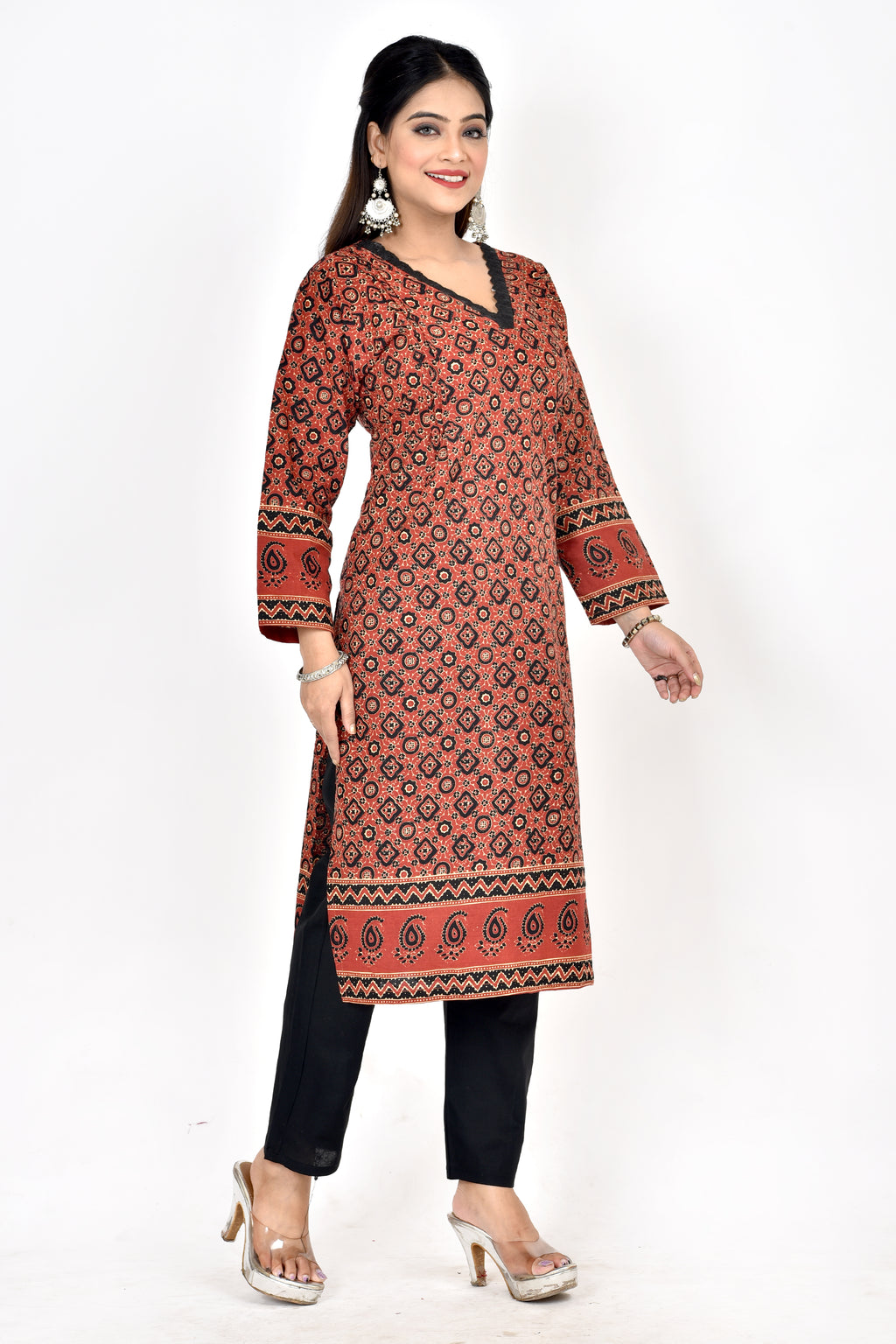 Maroon Ajrakh Print Straight Kurta