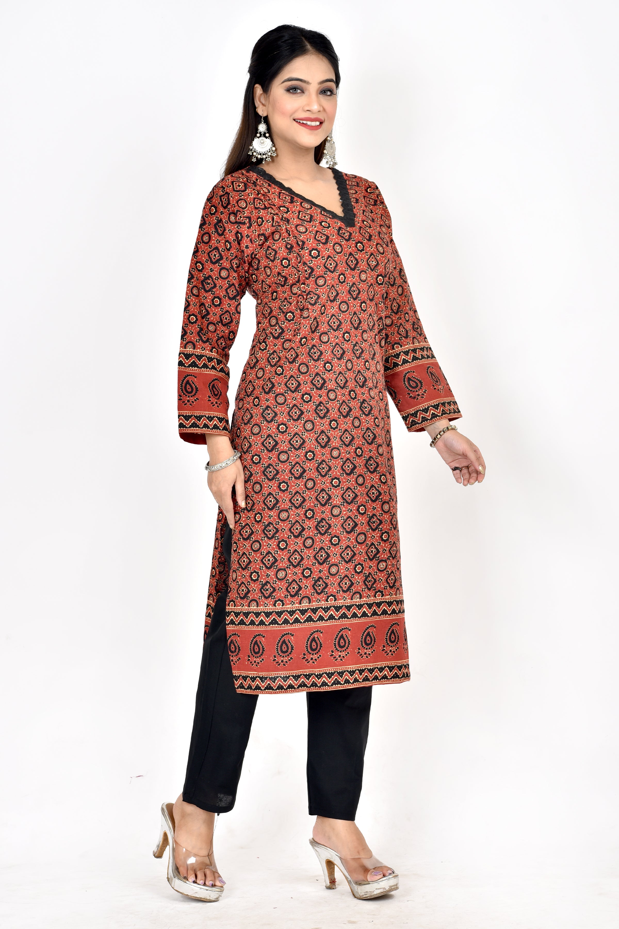 Maroon Ajrakh Print Straight Kurta