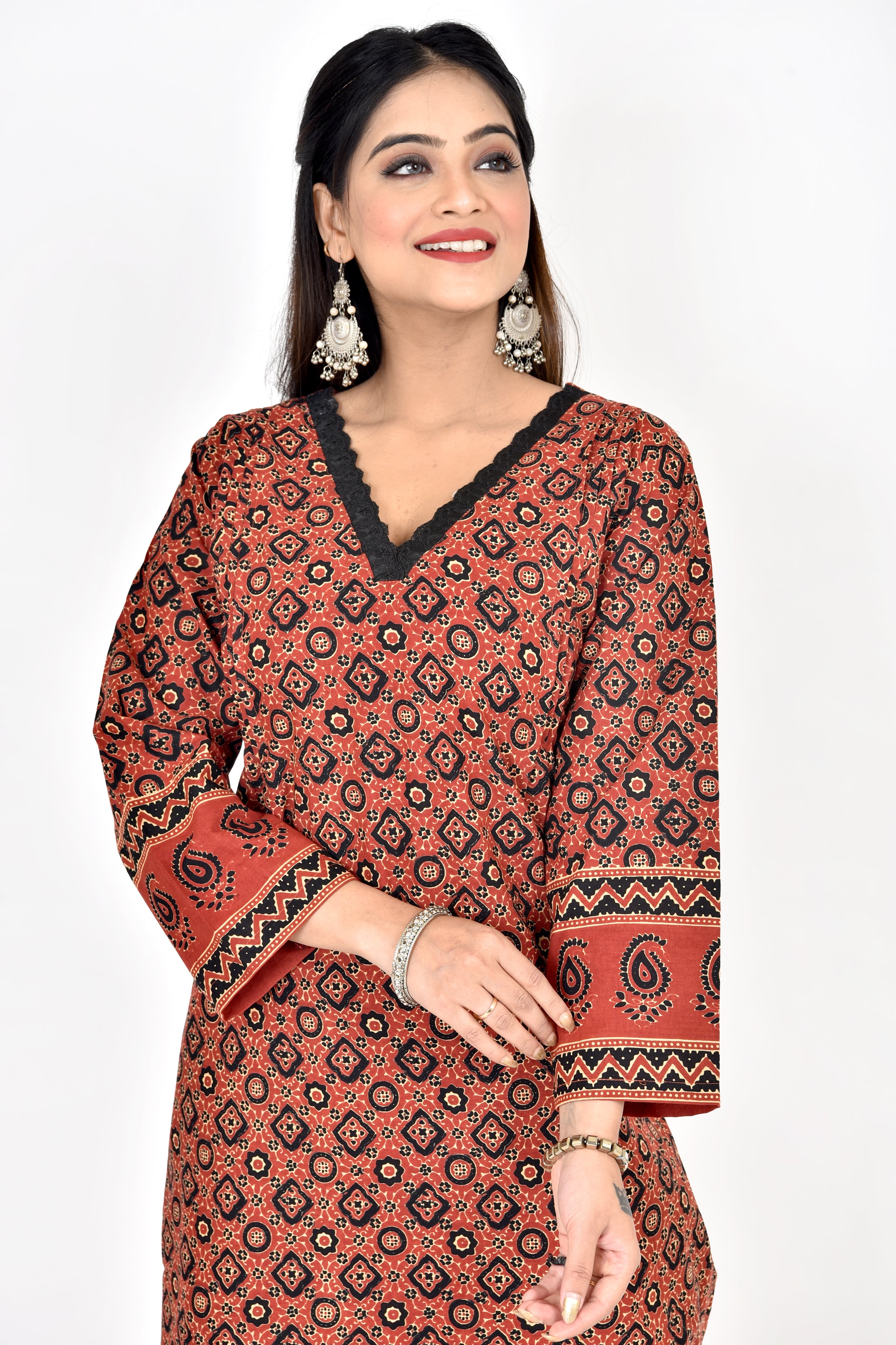 Maroon Ajrakh Print Straight Kurta