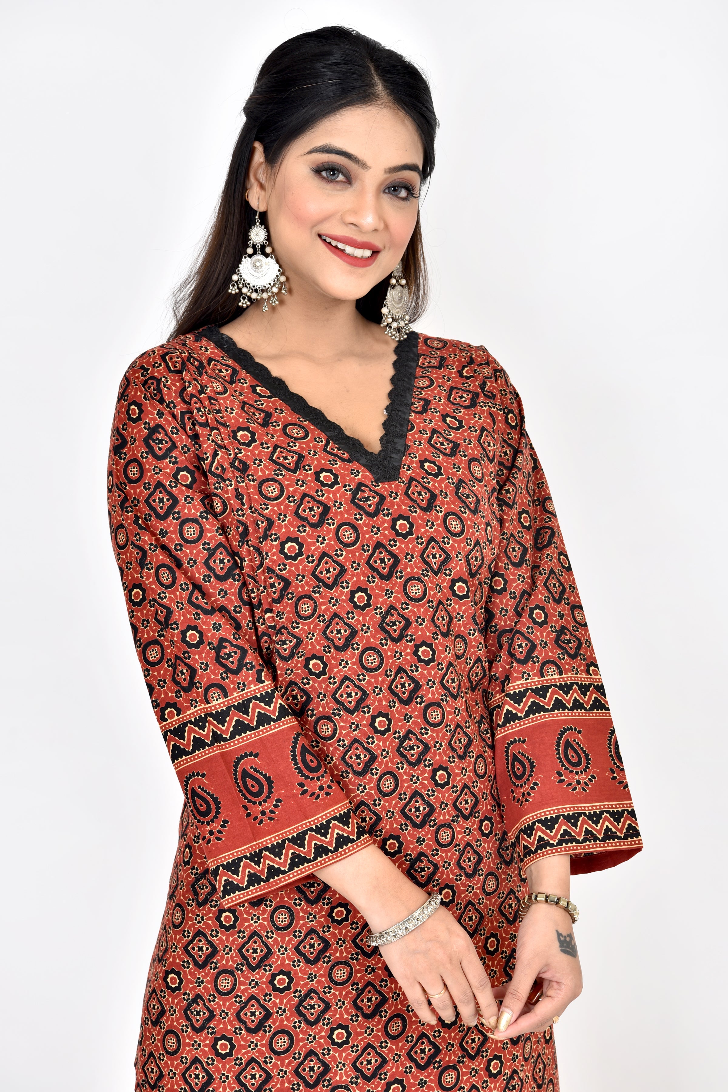 Maroon Ajrakh Print Straight Kurta