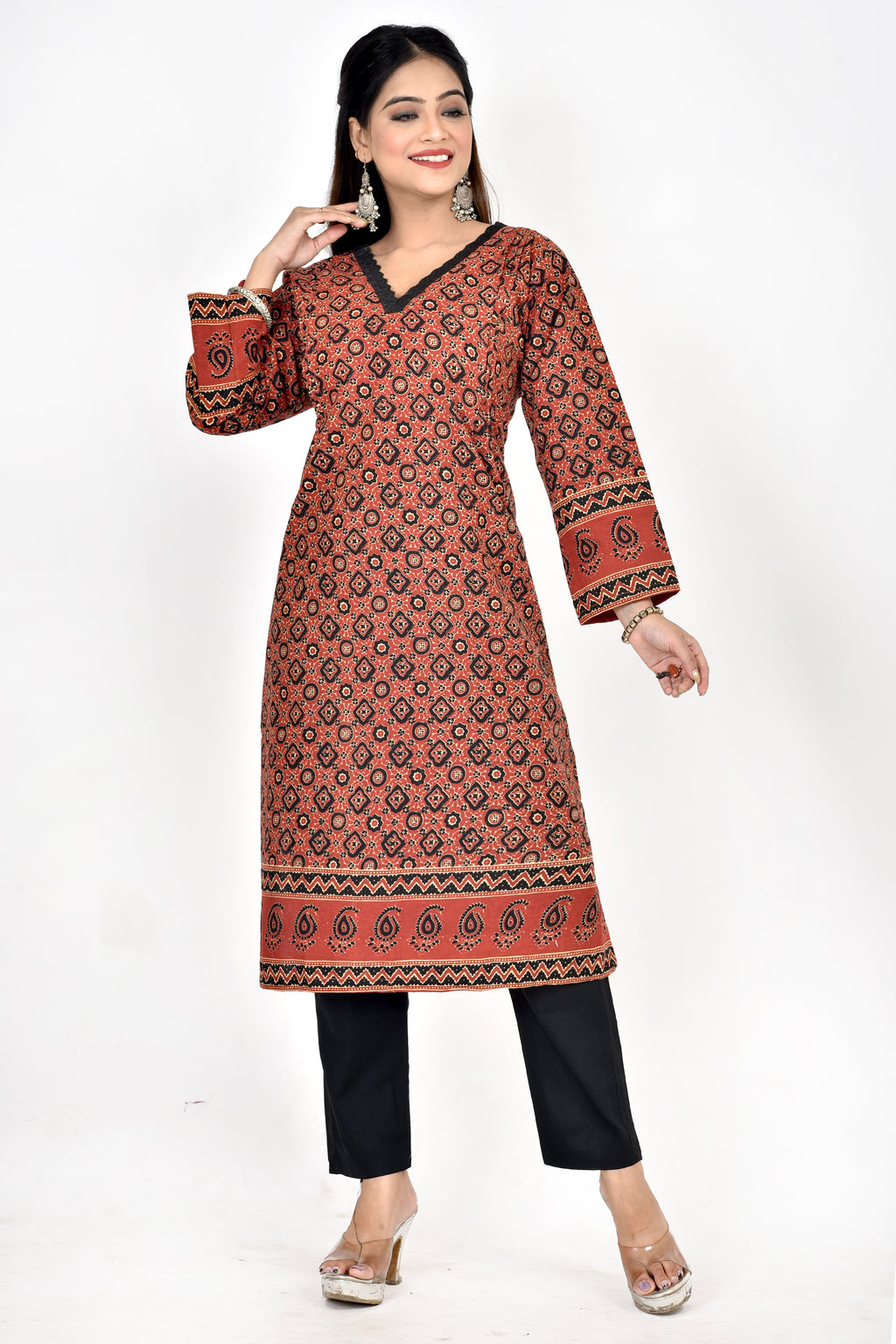 Maroon Ajrakh Print Straight Kurta