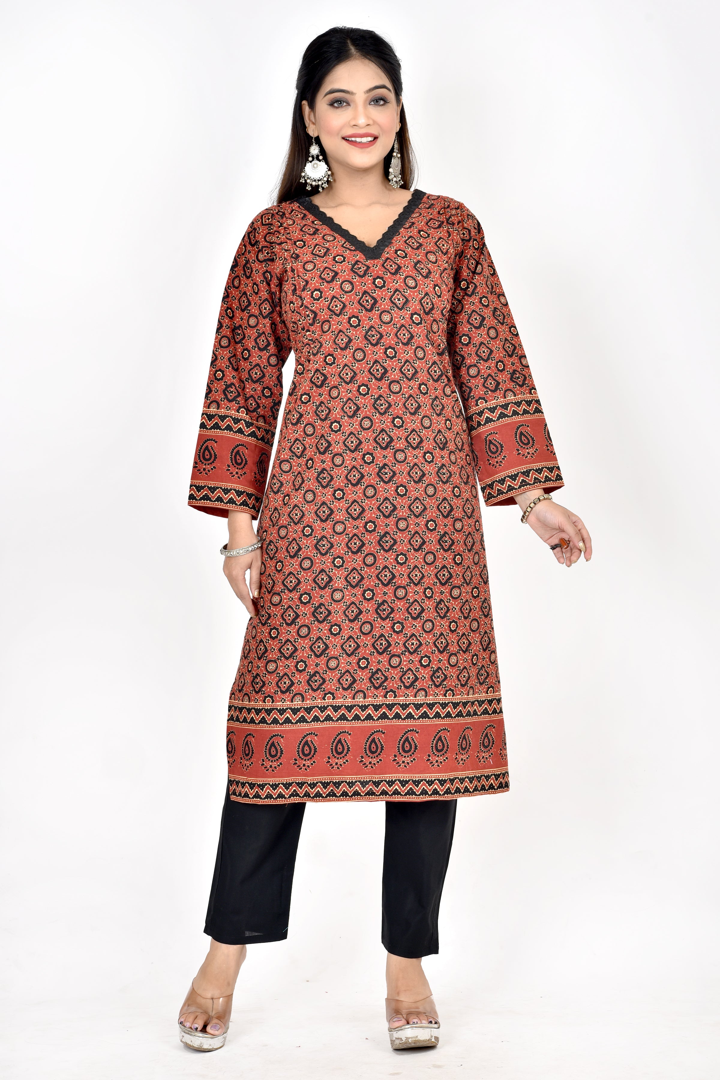 Maroon Ajrakh Print Straight Kurta