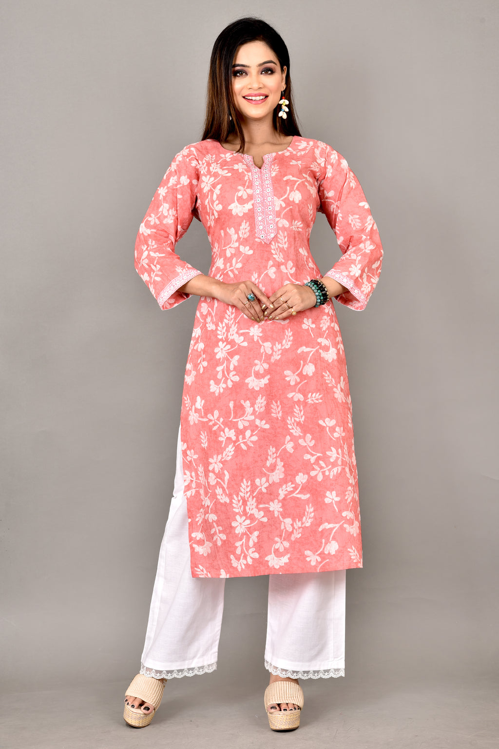 Peach Floral Embroidered Straight Kurta
