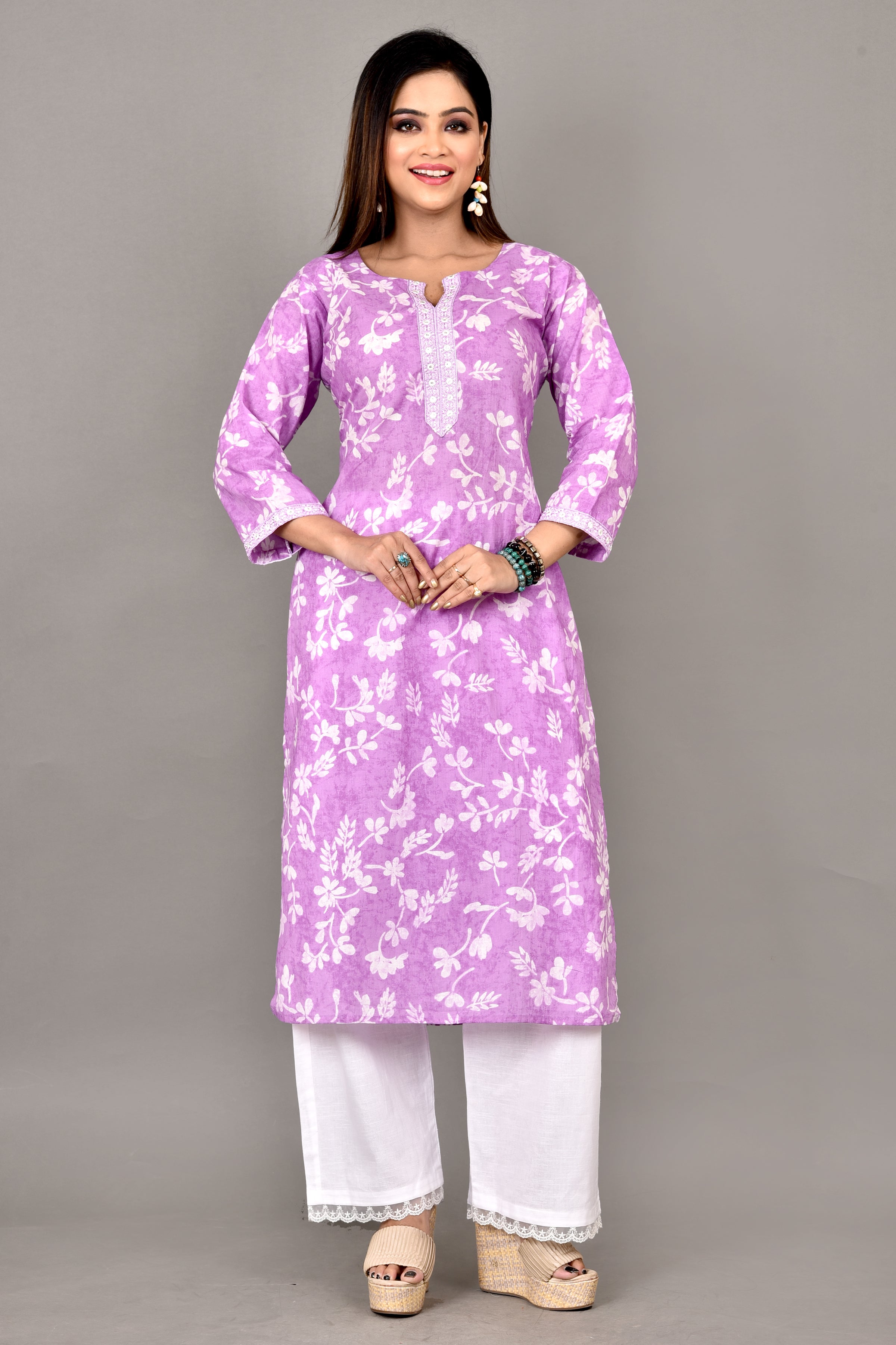 Lavender Floral Embroidered Straight Kurta