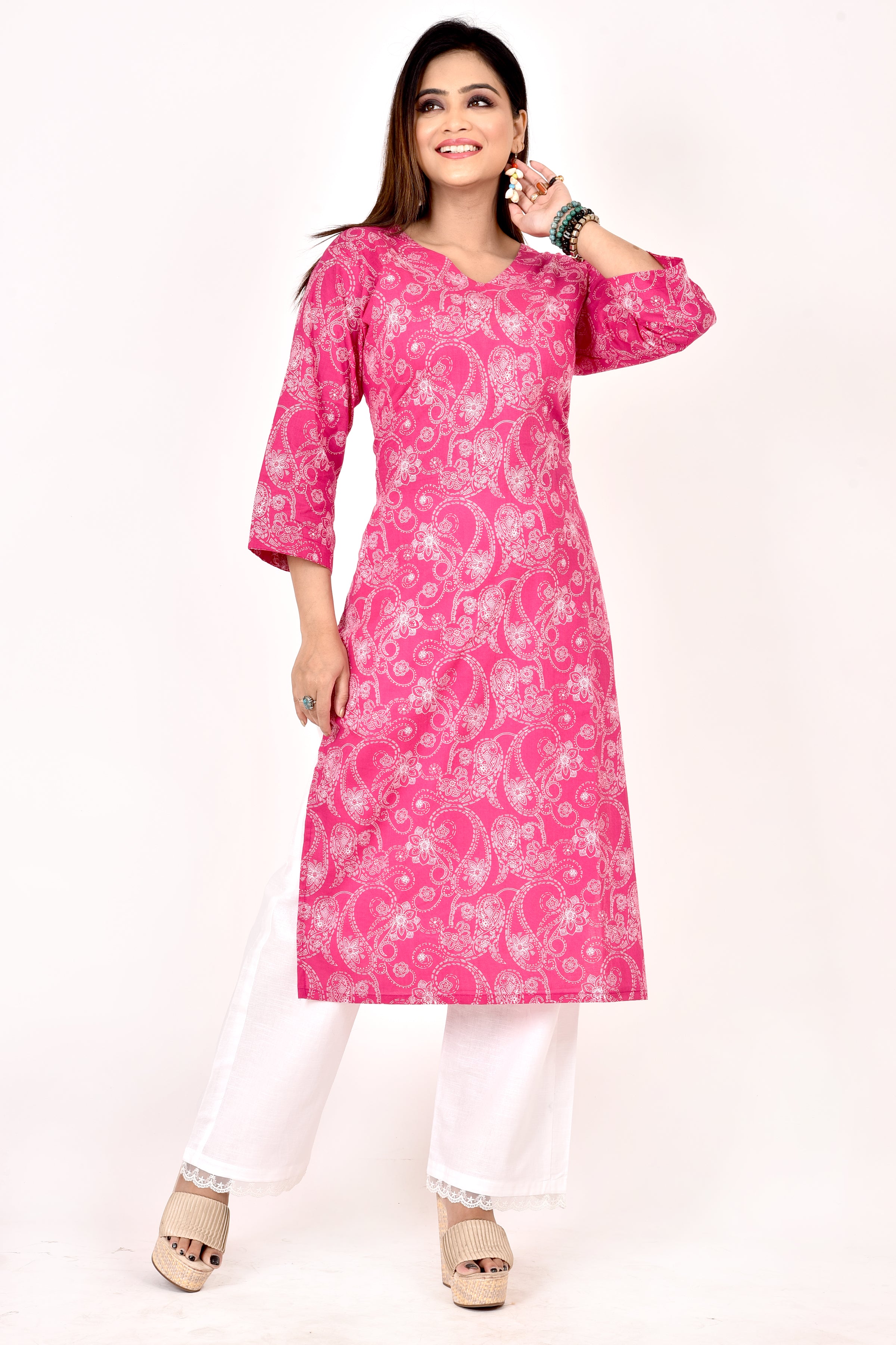 Magenta Pink Paisley  Print Straight Kurta