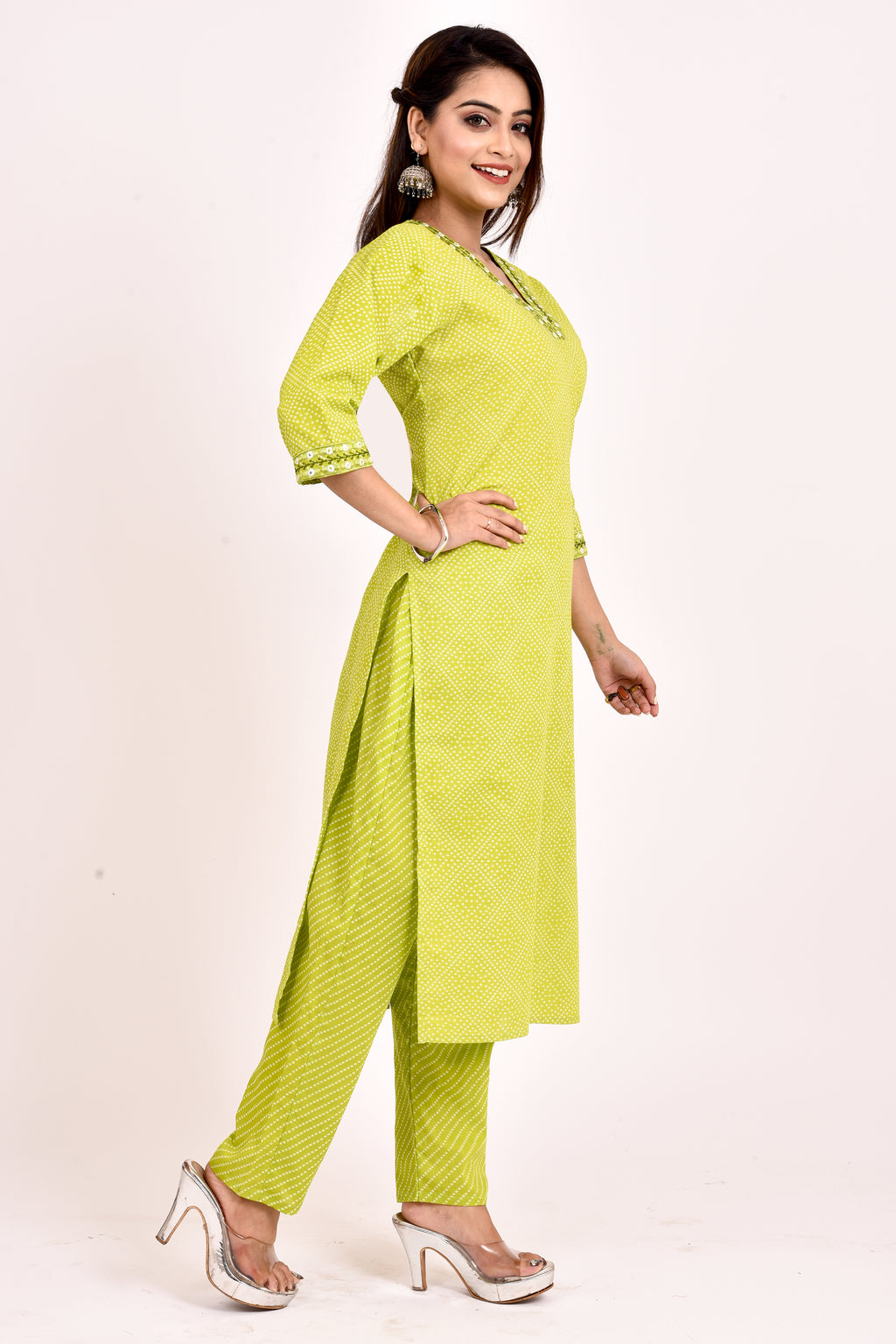 Lime Green Bandhani Print Embroidered Kurta With Pant