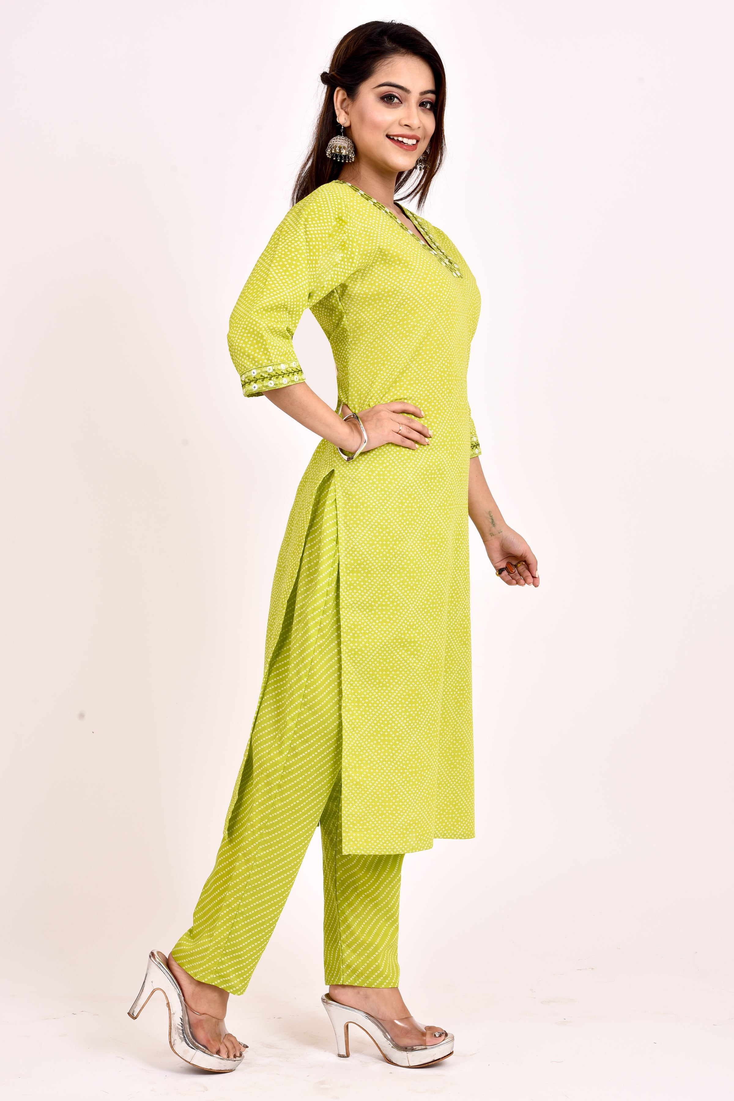 Lime Green Bandhani Print Embroidered Kurta With Pant