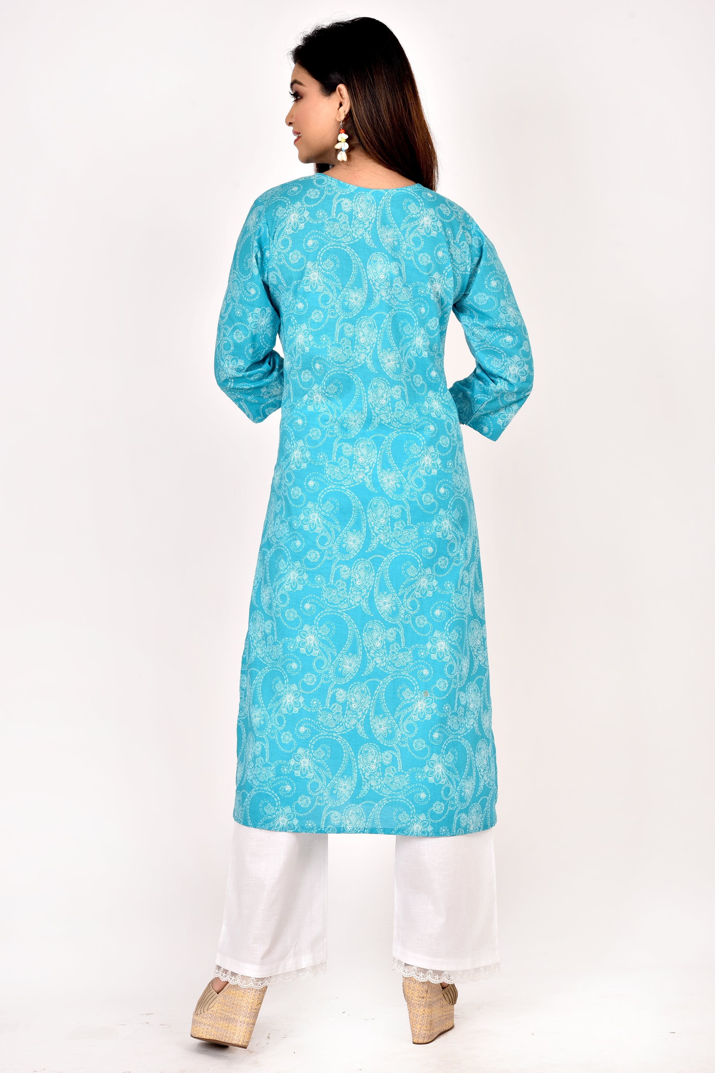 Aqua Blue Paisley  Print Straight Kurta