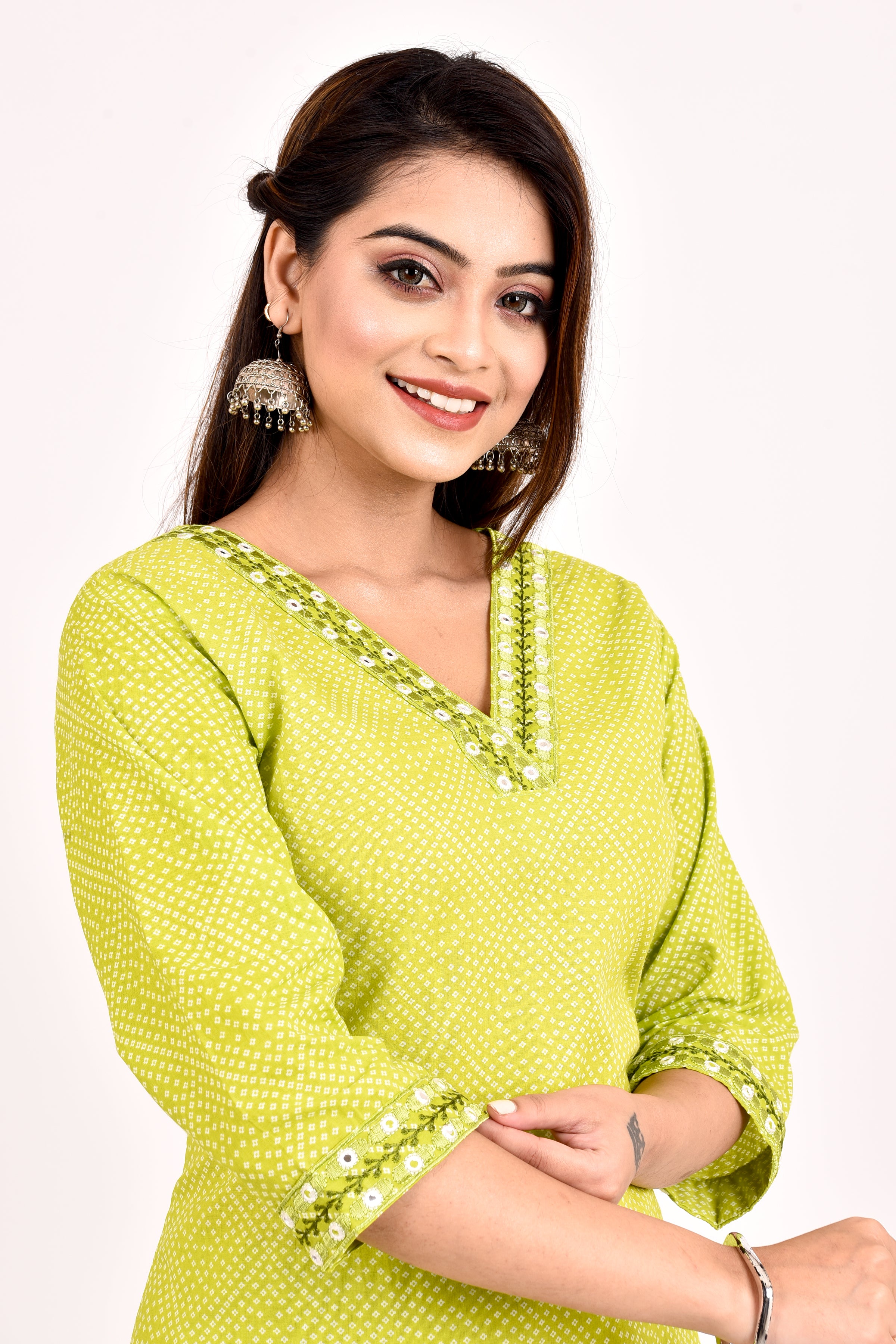 Lime Green Bandhani Print Embroidered Kurta With Pant