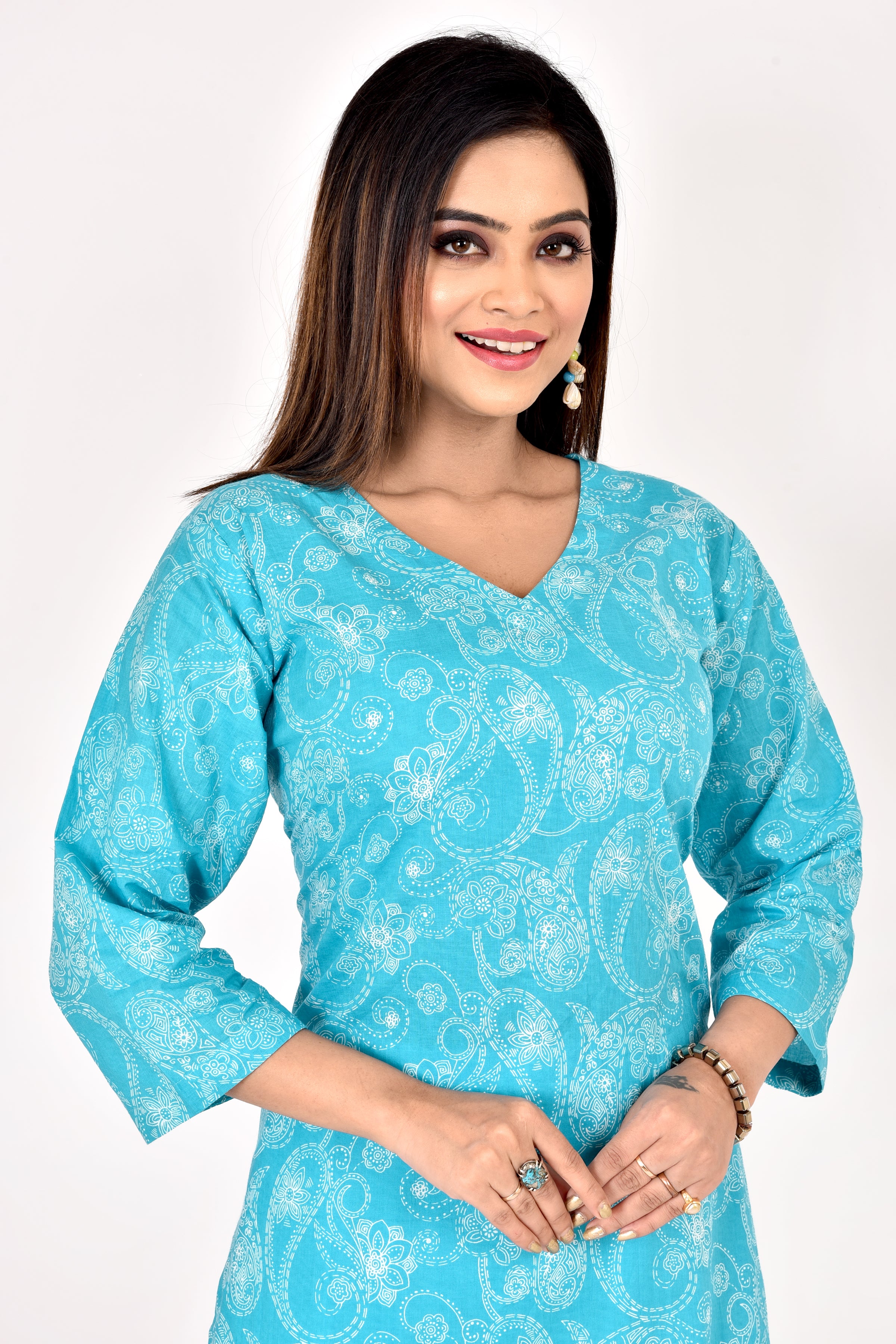 Aqua Blue Paisley  Print Straight Kurta