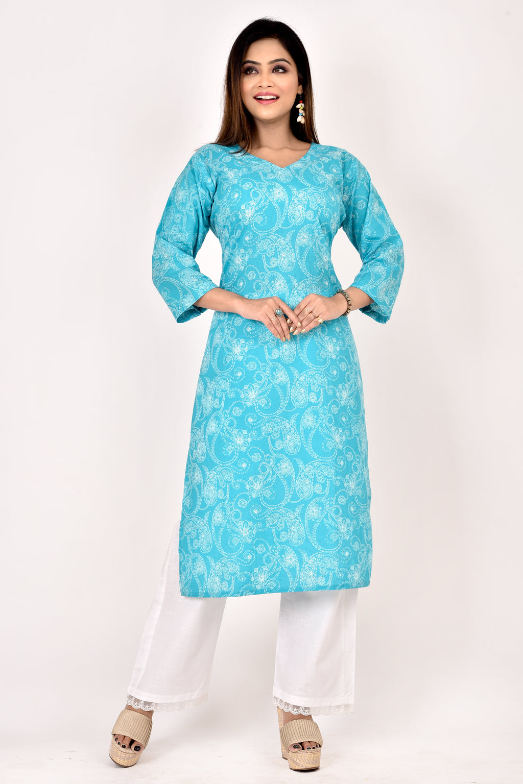 Aqua Blue Paisley  Print Straight Kurta
