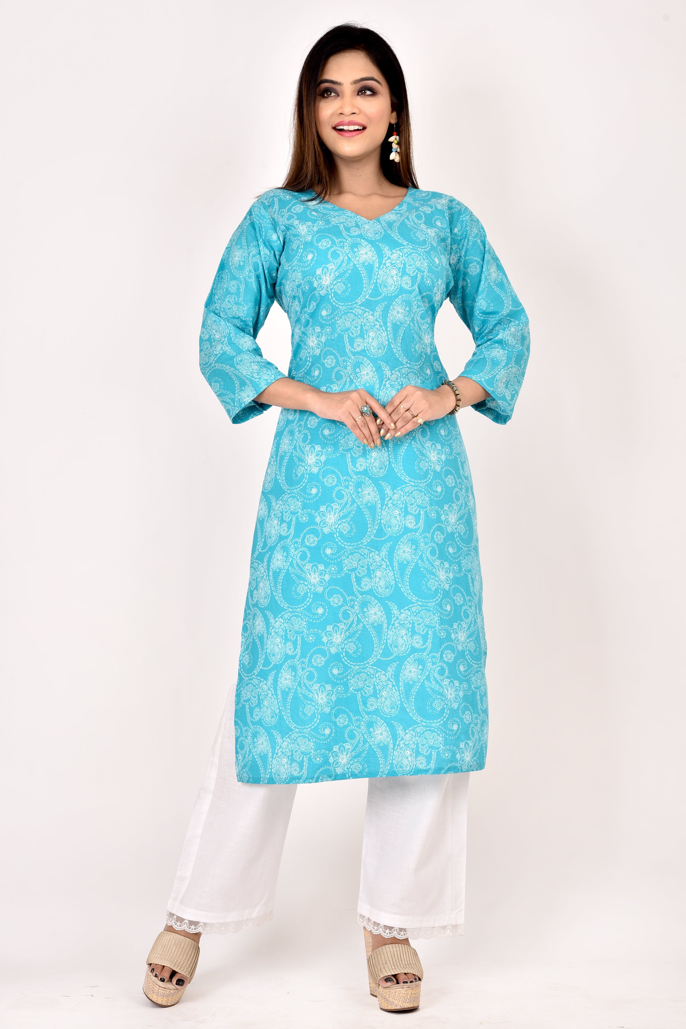 Aqua Blue Paisley  Print Straight Kurta