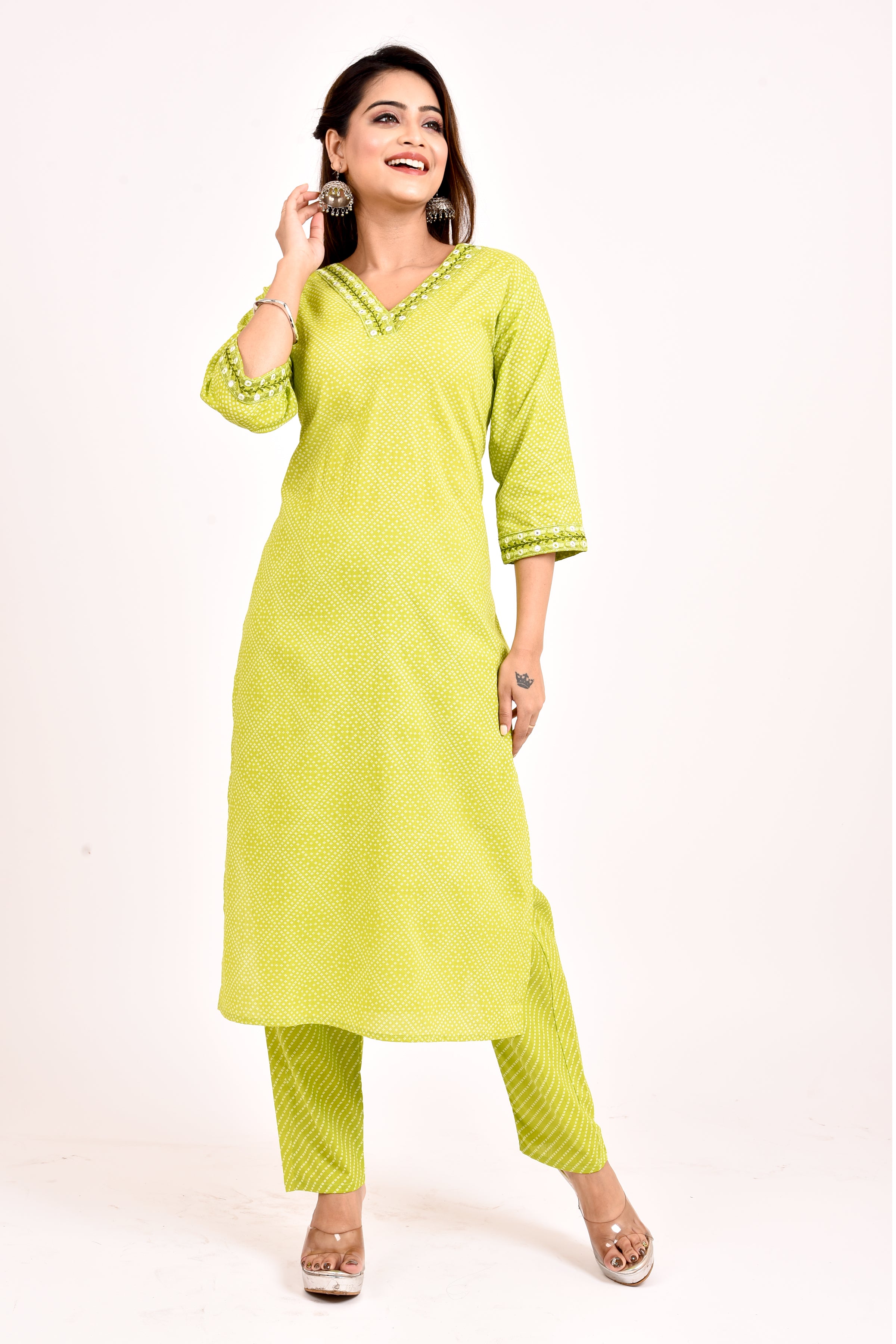 Lime Green Bandhani Print Embroidered Kurta With Pant