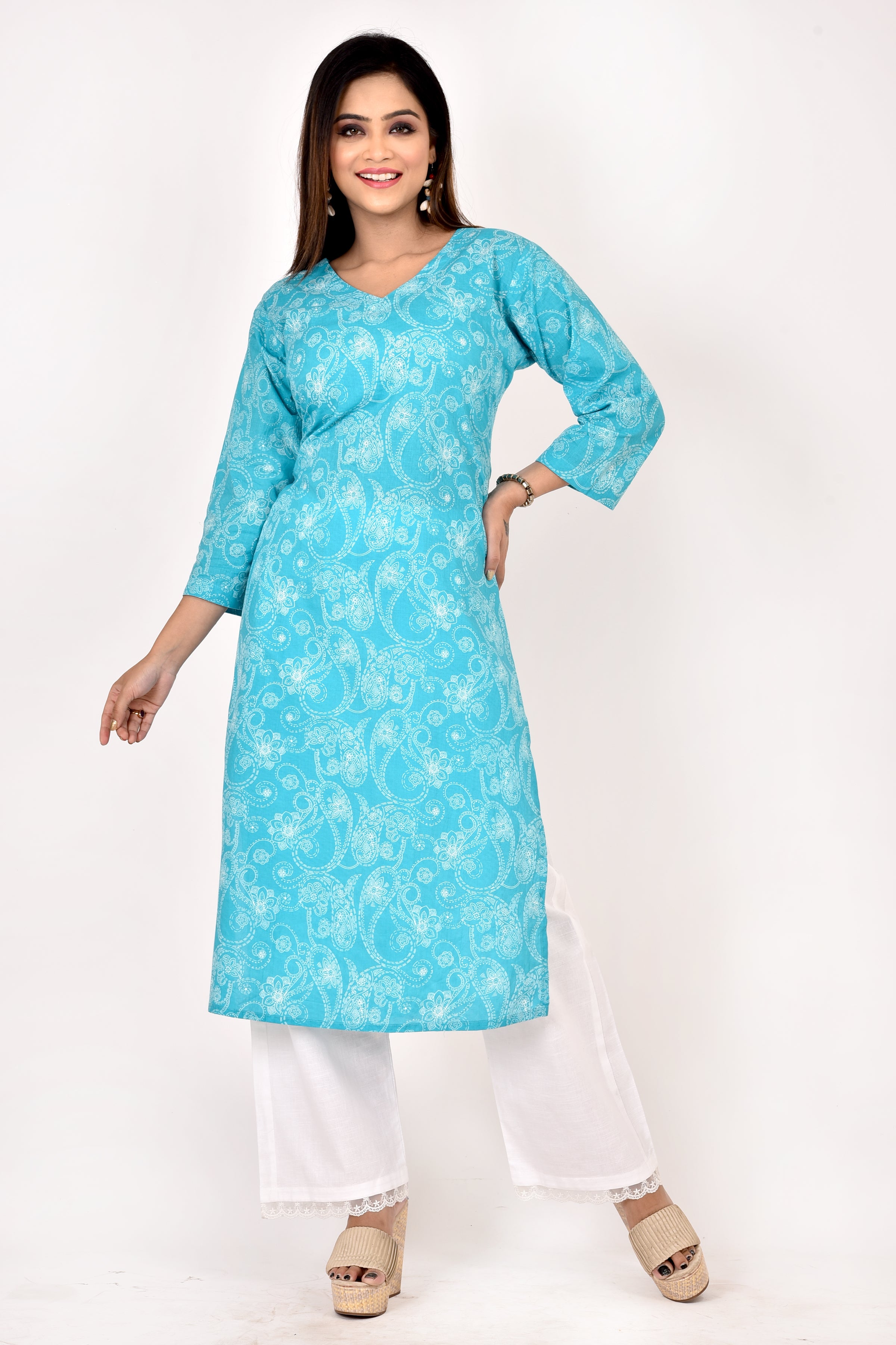 Aqua Blue Paisley  Print Straight Kurta