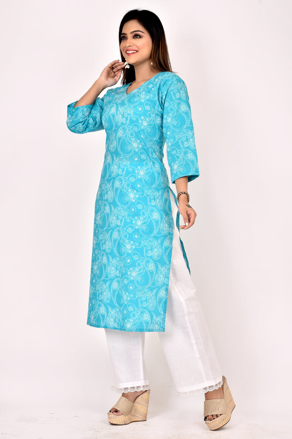 Aqua Blue Paisley  Print Straight Kurta