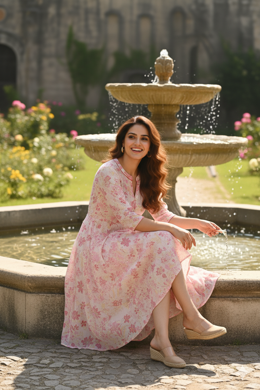 Baby Pink Floral Print Flared Dress