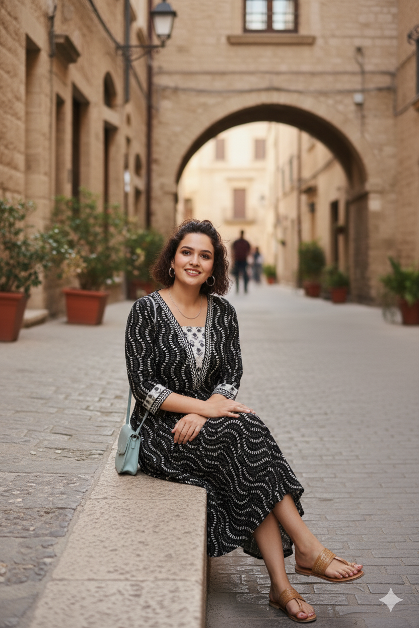 Black Wave Print Flared Dress