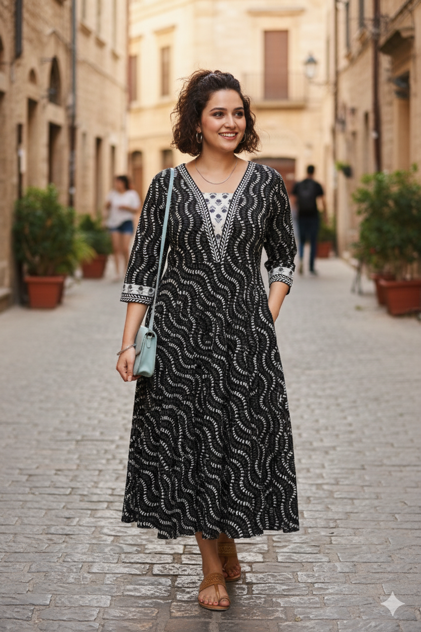 Black Wave Print Flared Dress