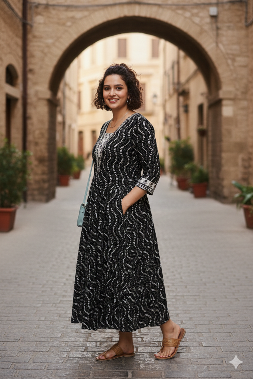 Black Wave Print Flared Dress