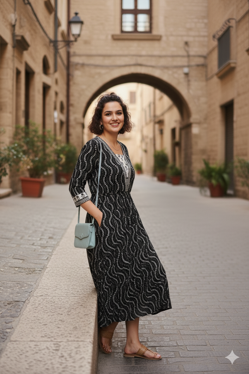 Black Wave Print Flared Dress