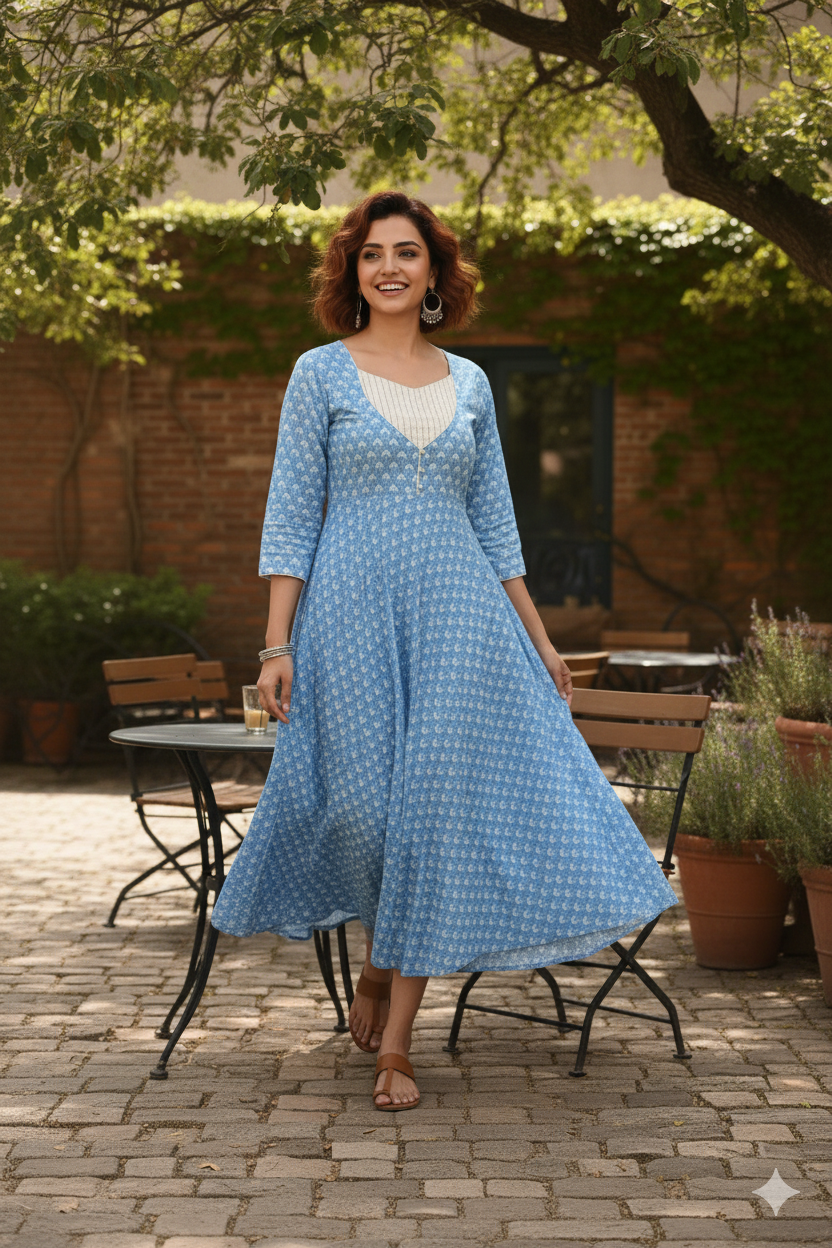Baby Blue Floral Print Flared Dress