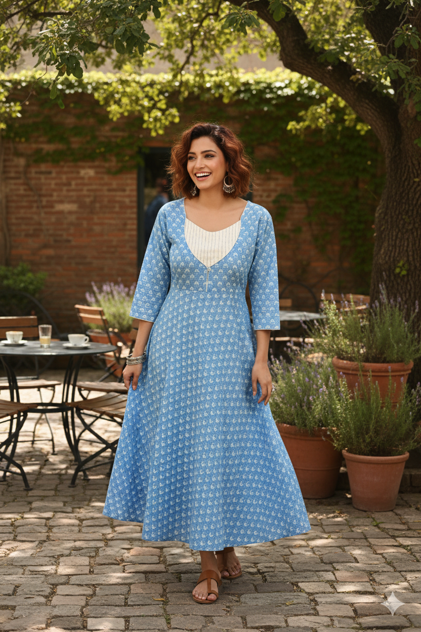 Baby Blue Floral Print Flared Dress