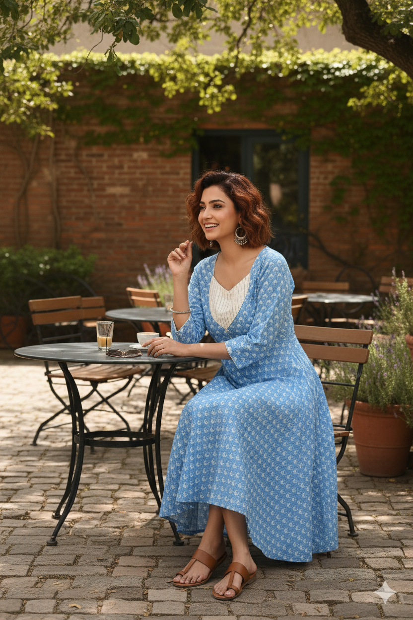 Baby Blue Floral Print Flared Dress