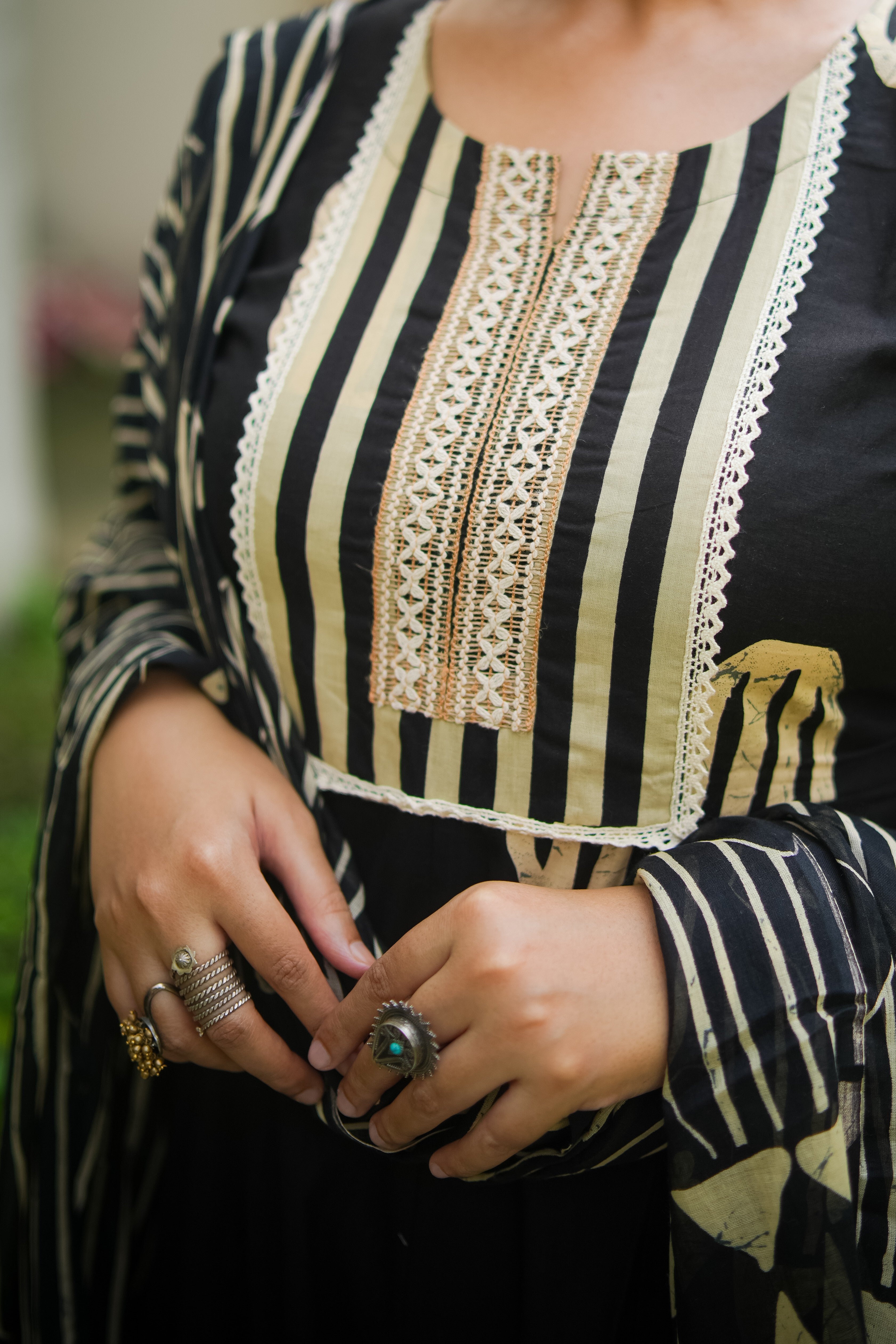 Black & Beige Geometric Embroidered Anarkali kurta With Pant & Dupatta