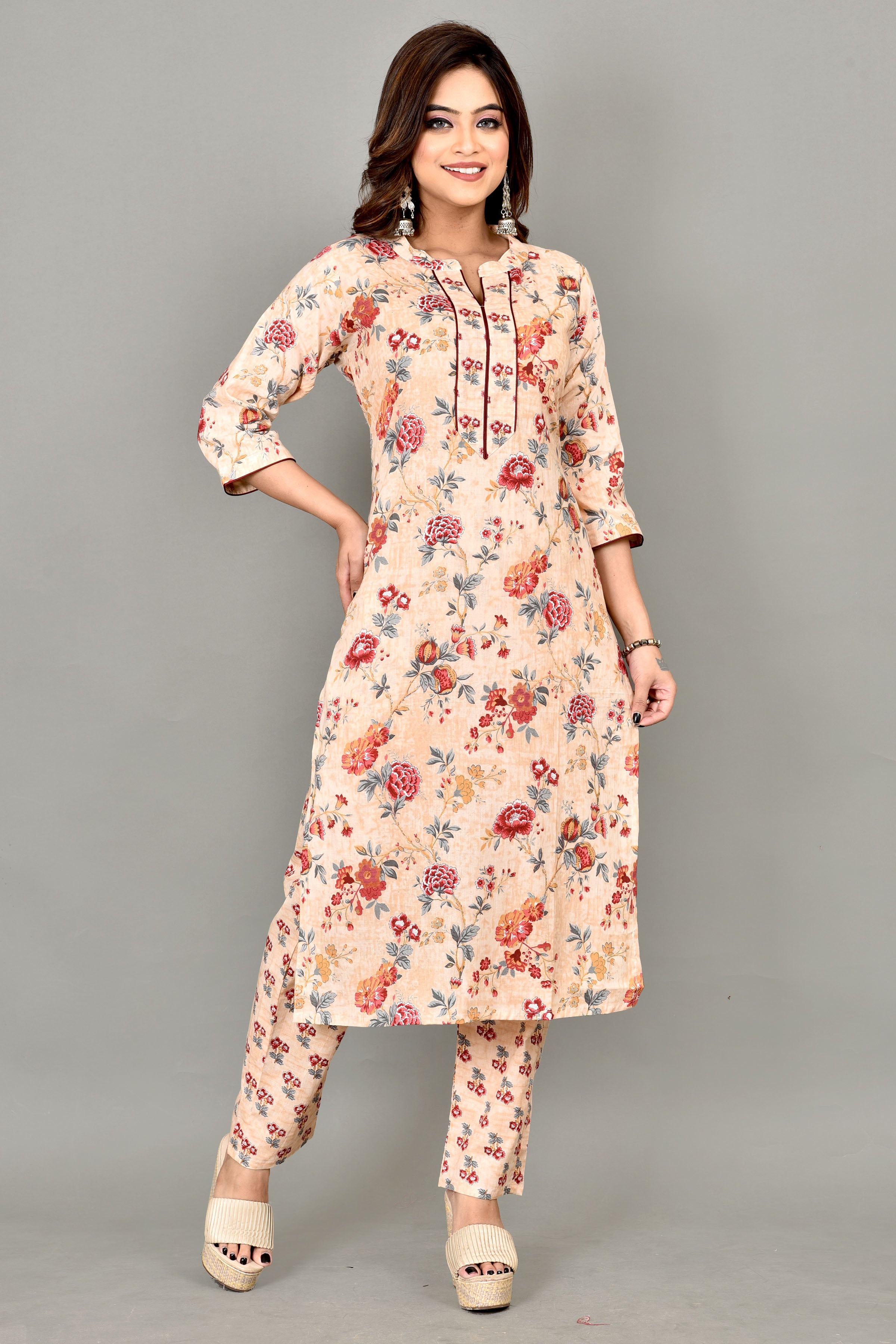 Peach Floral Print Kurta With Pant