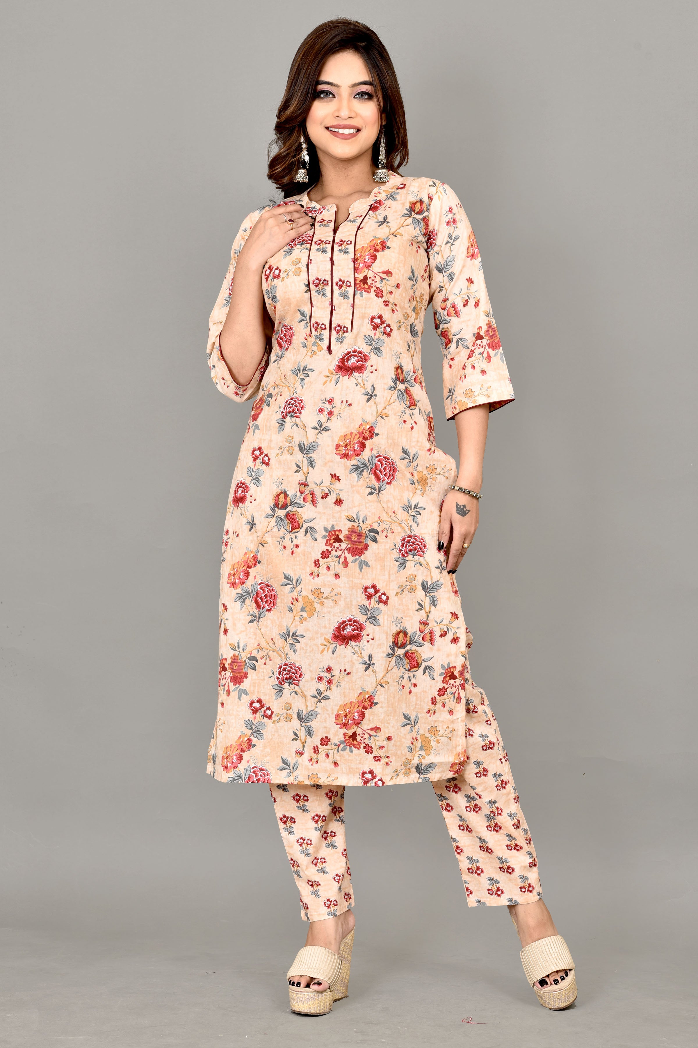 Peach Floral Print Kurta With Pant