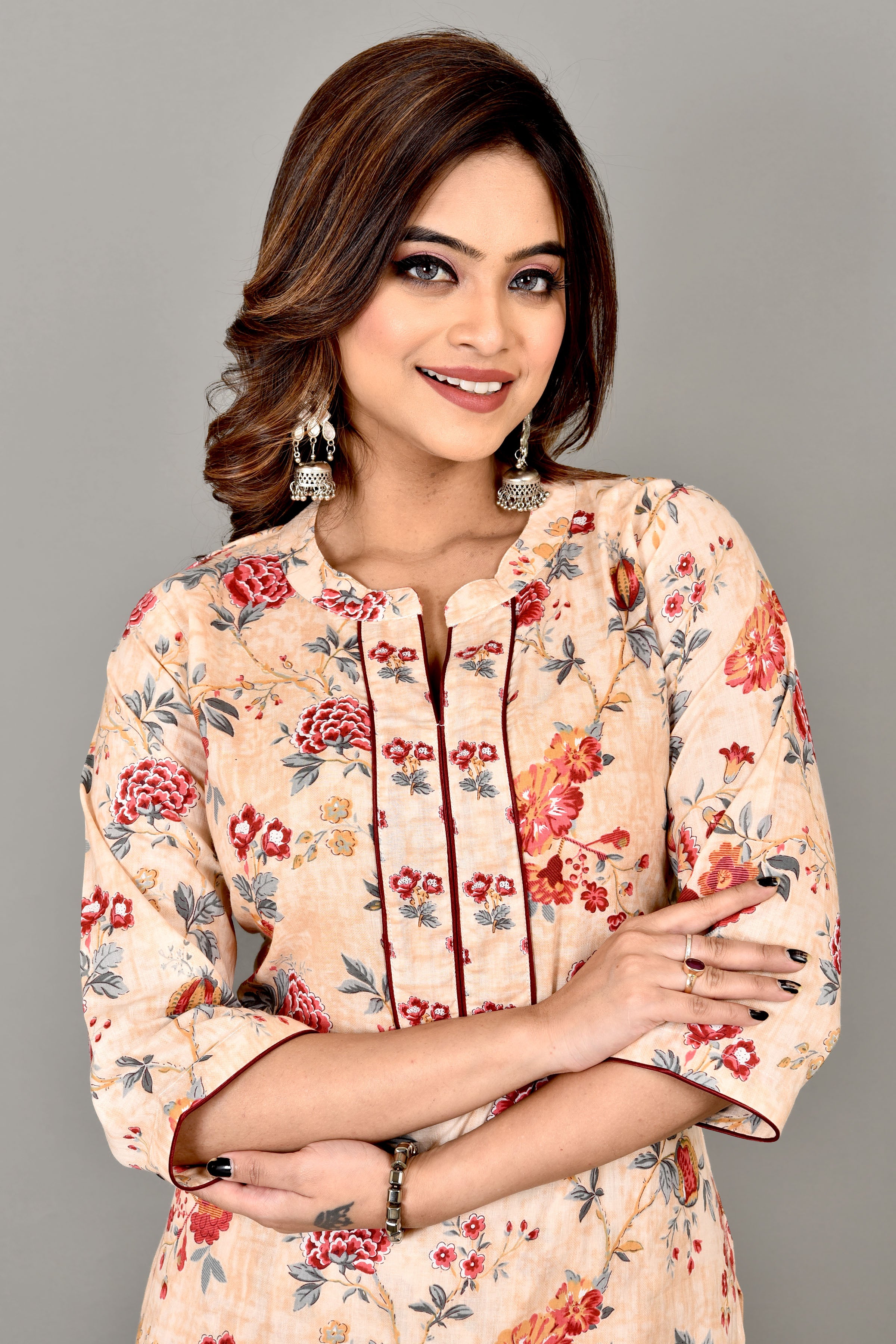Peach Floral Print Kurta With Pant