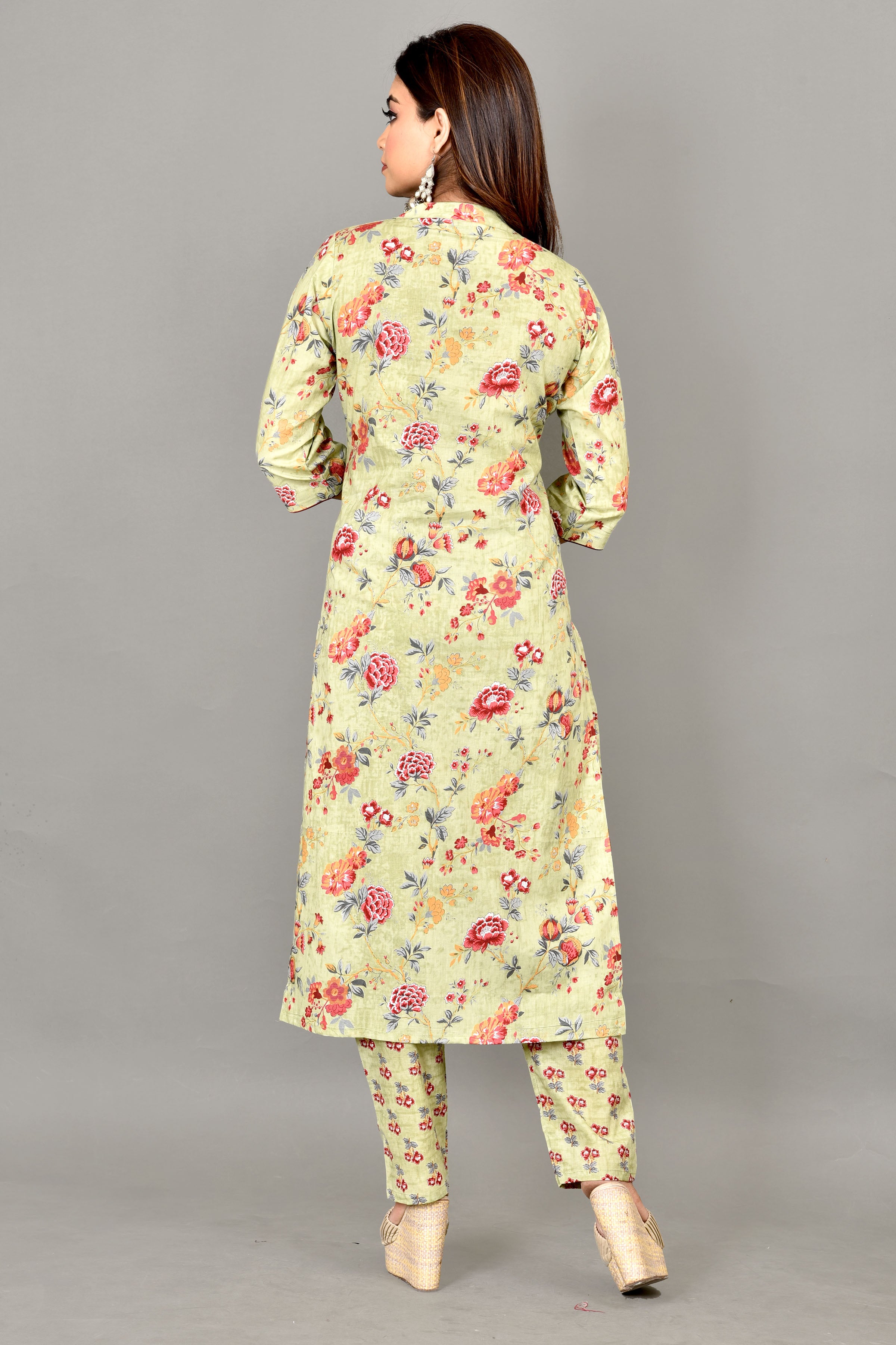 Pista Green Floral Print  Kurta With Pant