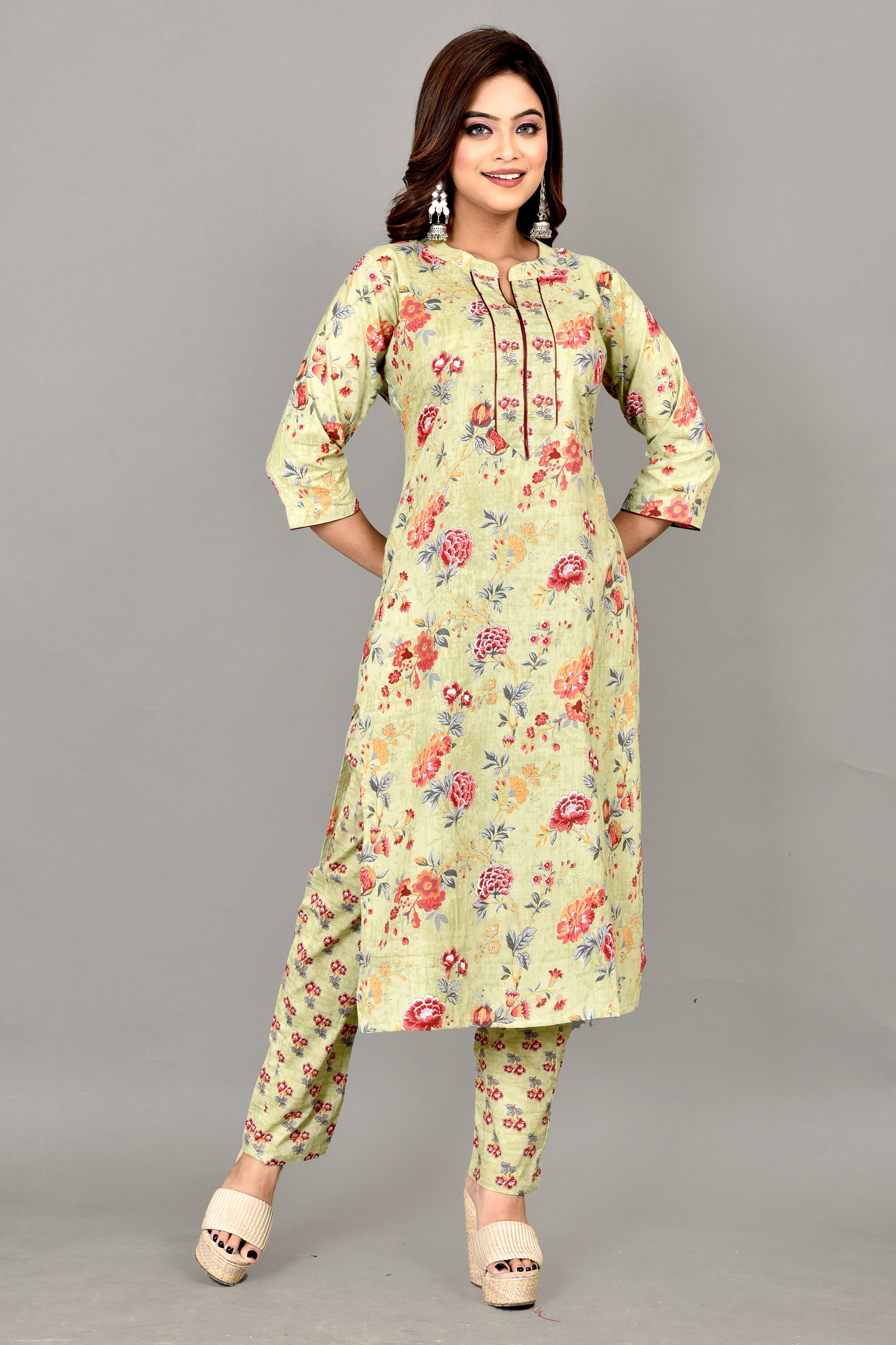 Pista Green Floral Print  Kurta With Pant