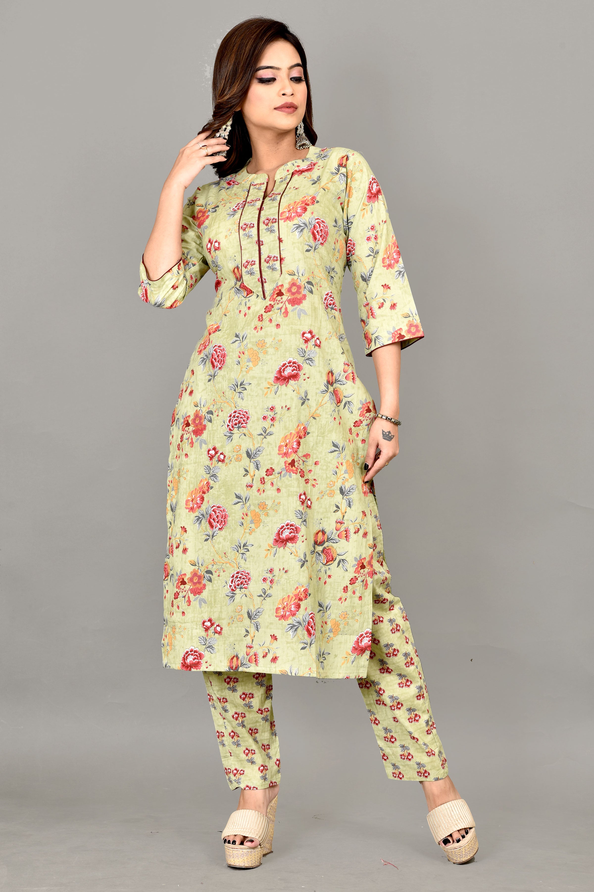 Pista Green Floral Print  Kurta With Pant
