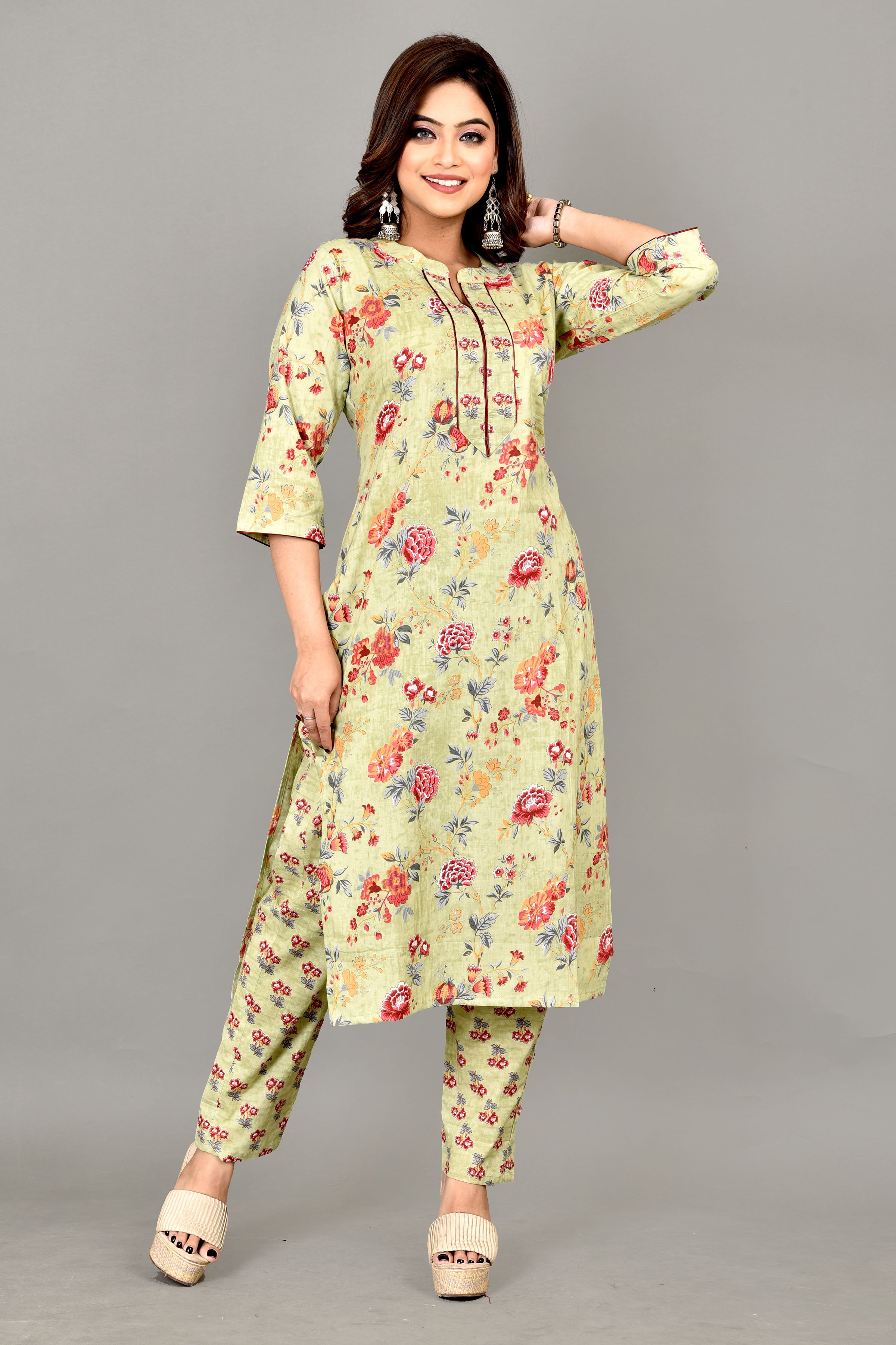 Pista Green Floral Print  Kurta With Pant