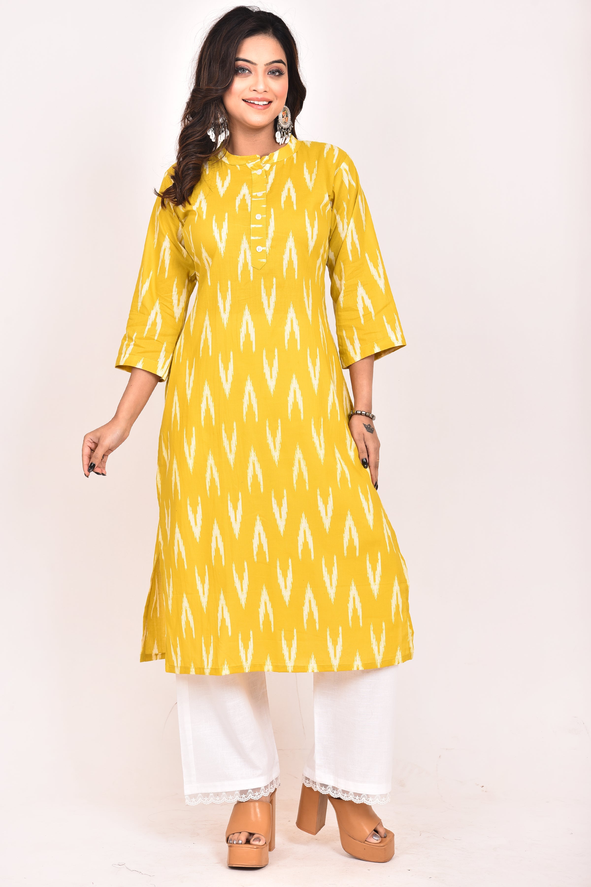 Yellow Ikkat Print Kurta
