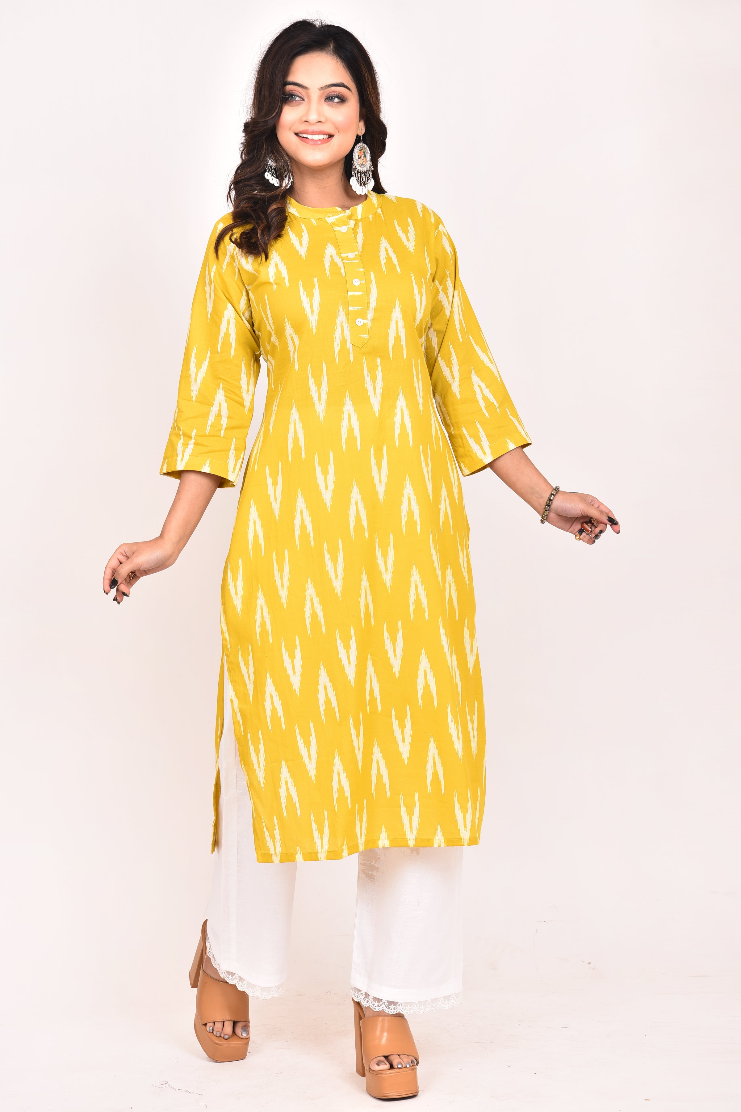 Yellow Ikkat Print Kurta