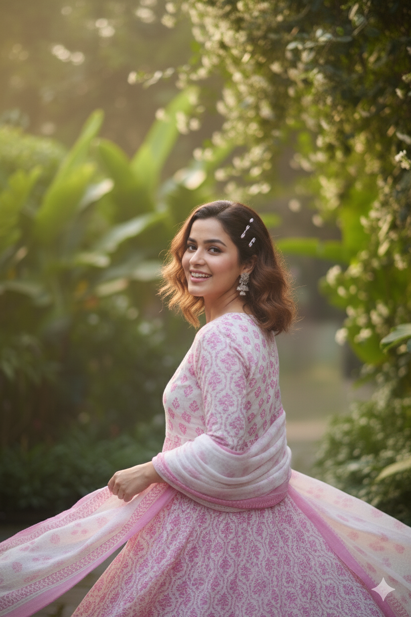 Pink Floral Embroidered Anarkali kurta With Pant & Dupatta