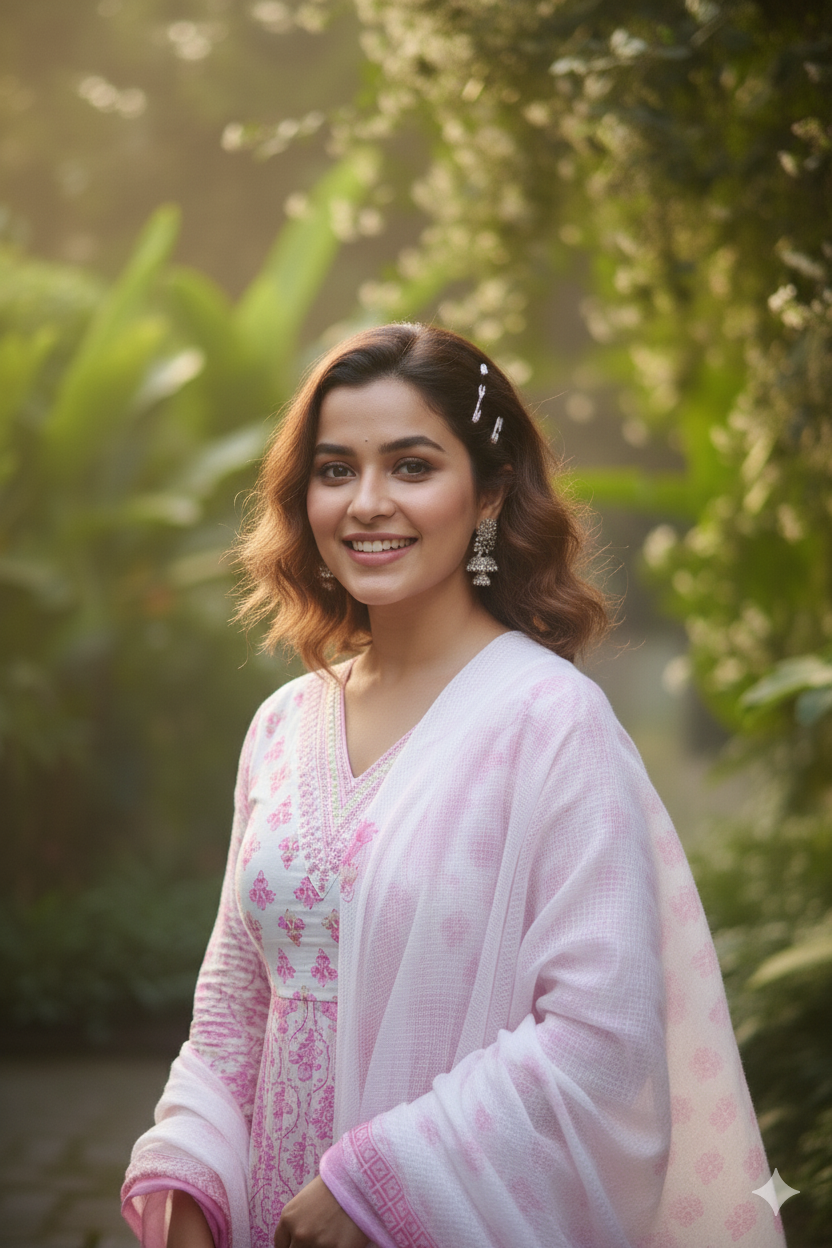 Pink Floral Embroidered Anarkali kurta With Pant & Dupatta