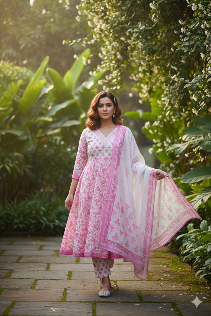 Pink Floral Embroidered Anarkali kurta With Pant & Dupatta