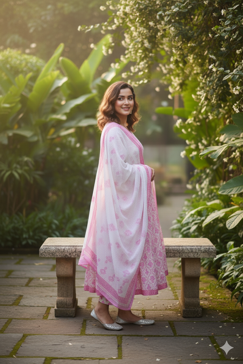 Pink Floral Embroidered Anarkali kurta With Pant & Dupatta