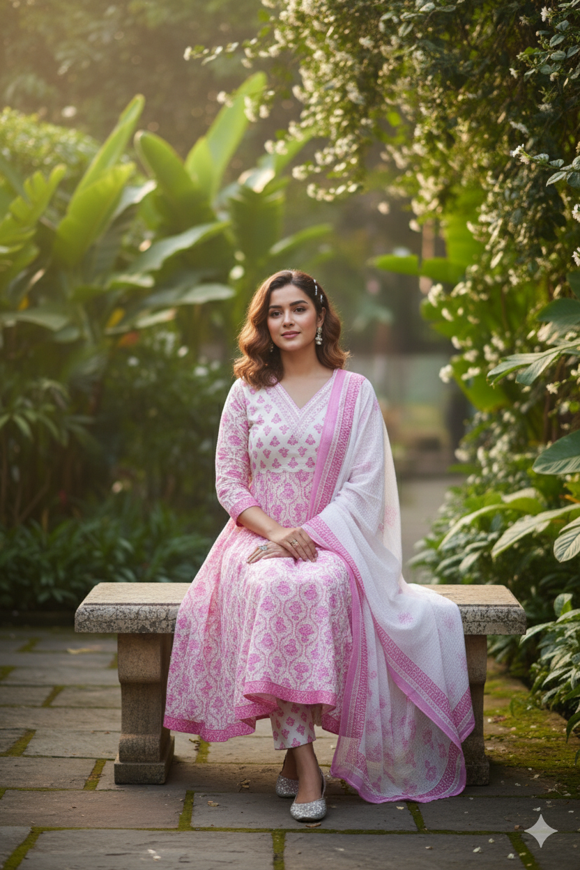 Pink Floral Embroidered Anarkali kurta With Pant & Dupatta