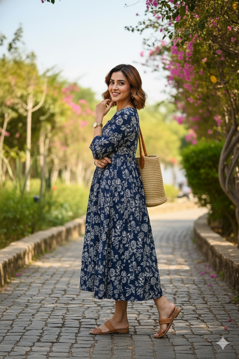 Navy Blue Floral Print Flared Dress