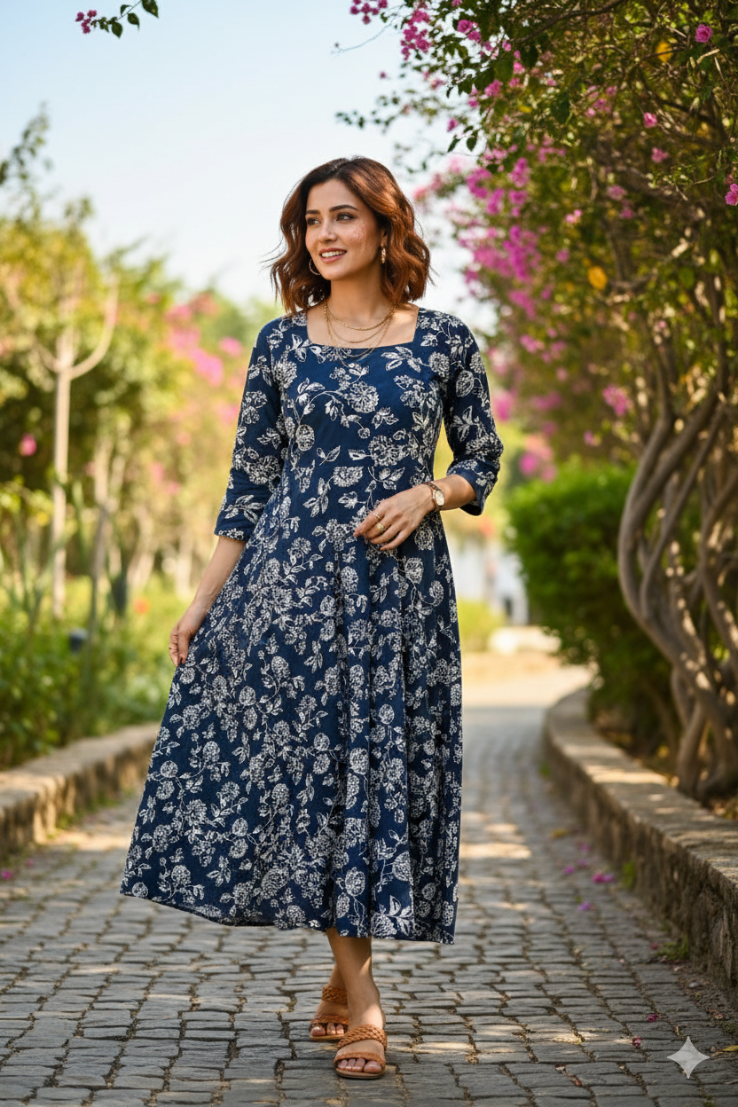 Navy Blue Floral Print Flared Dress