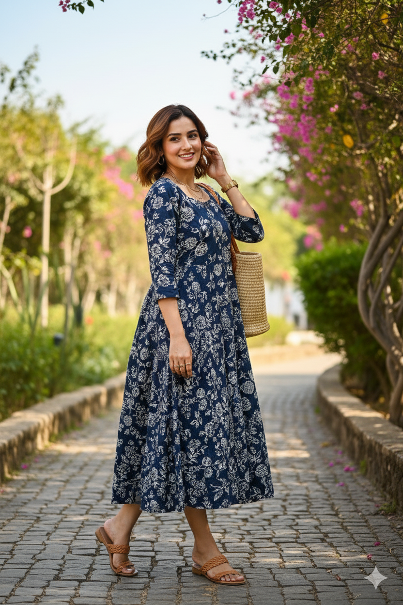 Navy Blue Floral Print Flared Dress