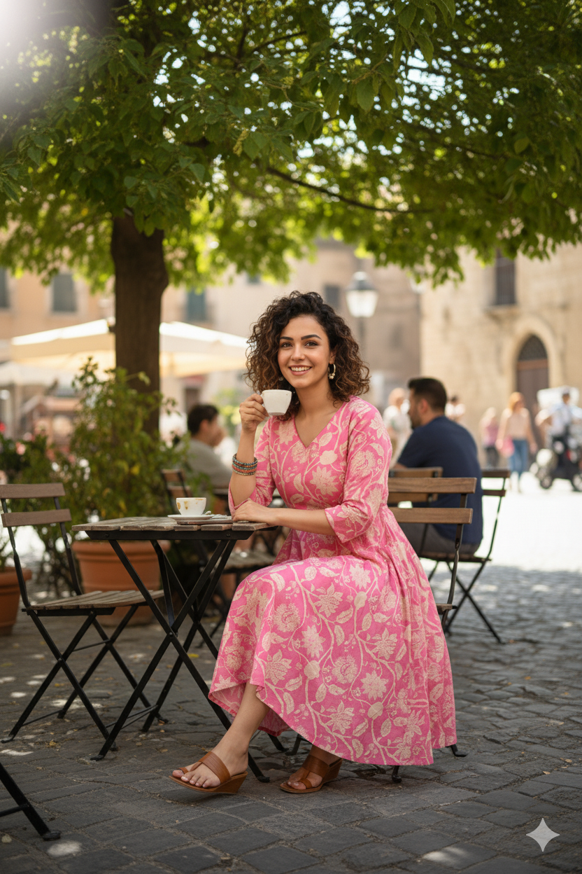 Candy Pink Floral Print Flared Dress