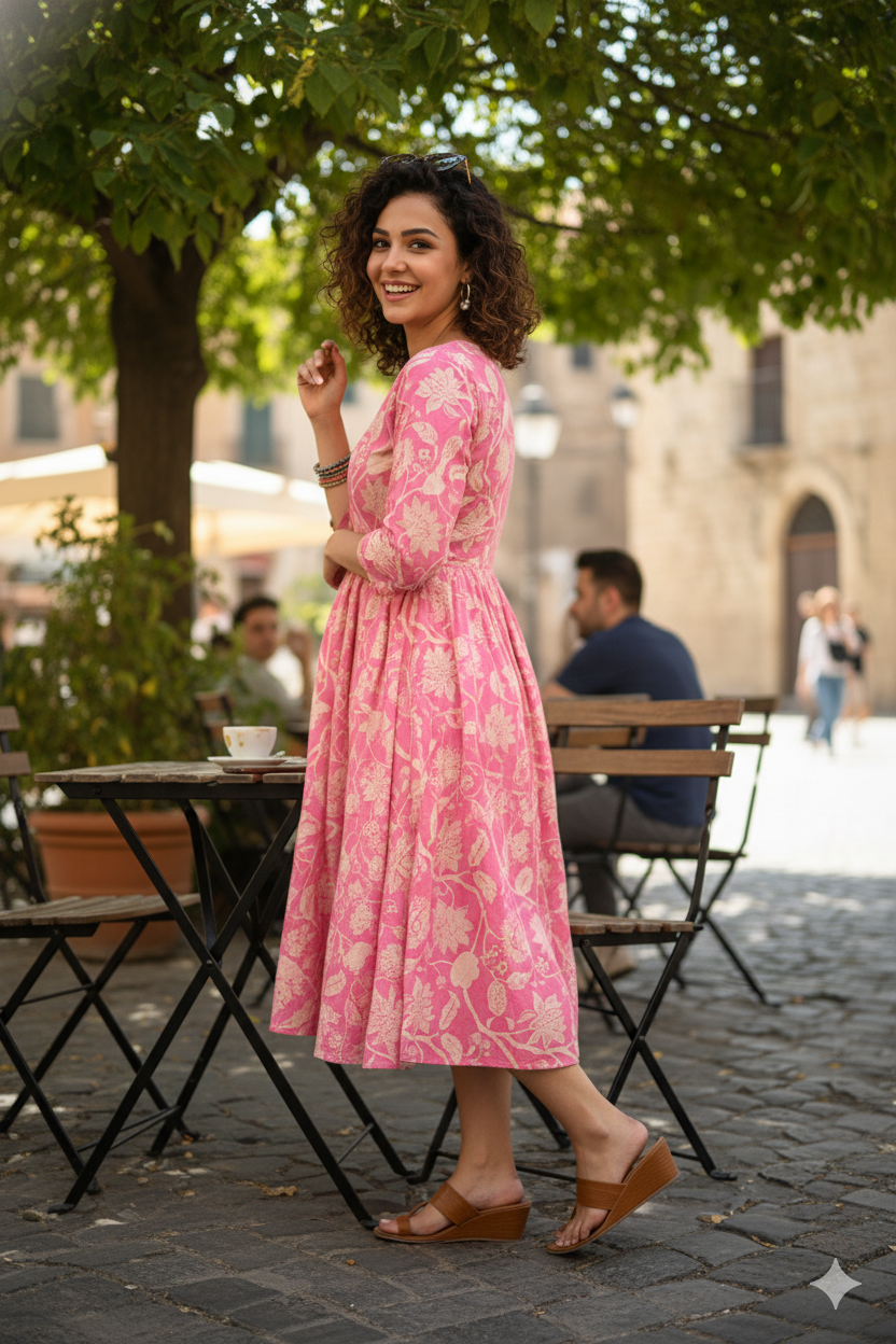 Candy Pink Floral Print Flared Dress
